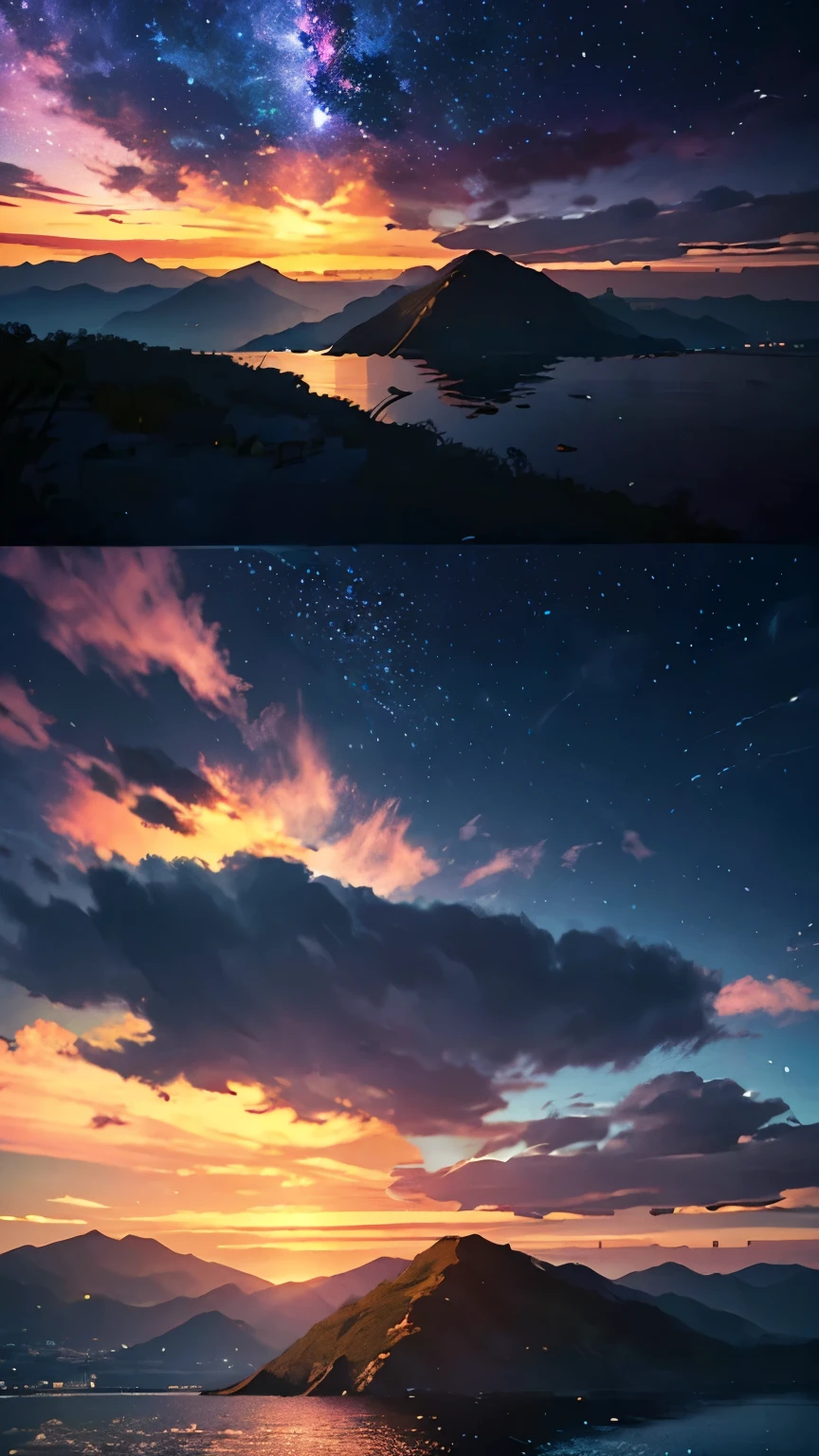 highest quality。Masterpiece。Detailed details。Calm Sea。Floating Island々。Twilight Sky。Beautiful shining clouds。