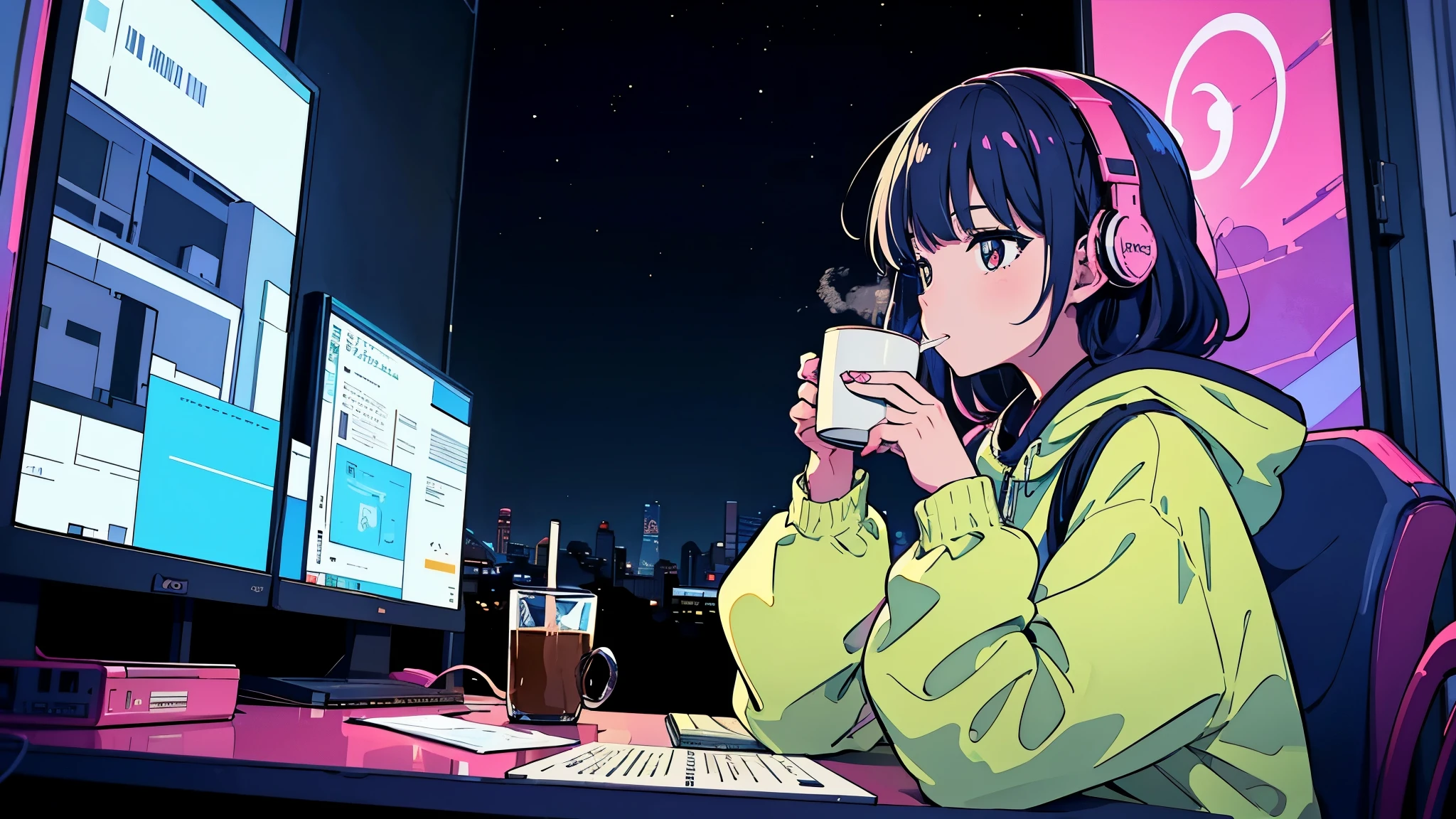 A girl drinking hot coffee while listening to jazz music through headphones, Watching the night sky from the balcony, alone, Lofty Girl, Lo-fi Art Style, Lofty Girl aesthetic, By Gairan, anime aesthetics, relaxed mood, lo-fi illustration style