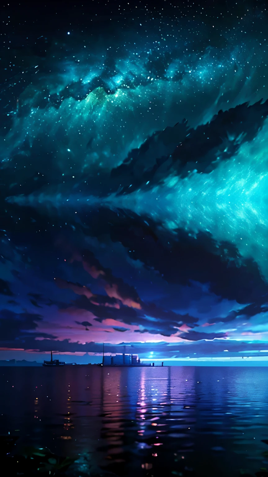highest quality。Masterpiece。Detailed details。Calm Sea。Floating Island々。Twilight Sky。Beautiful shining clouds。