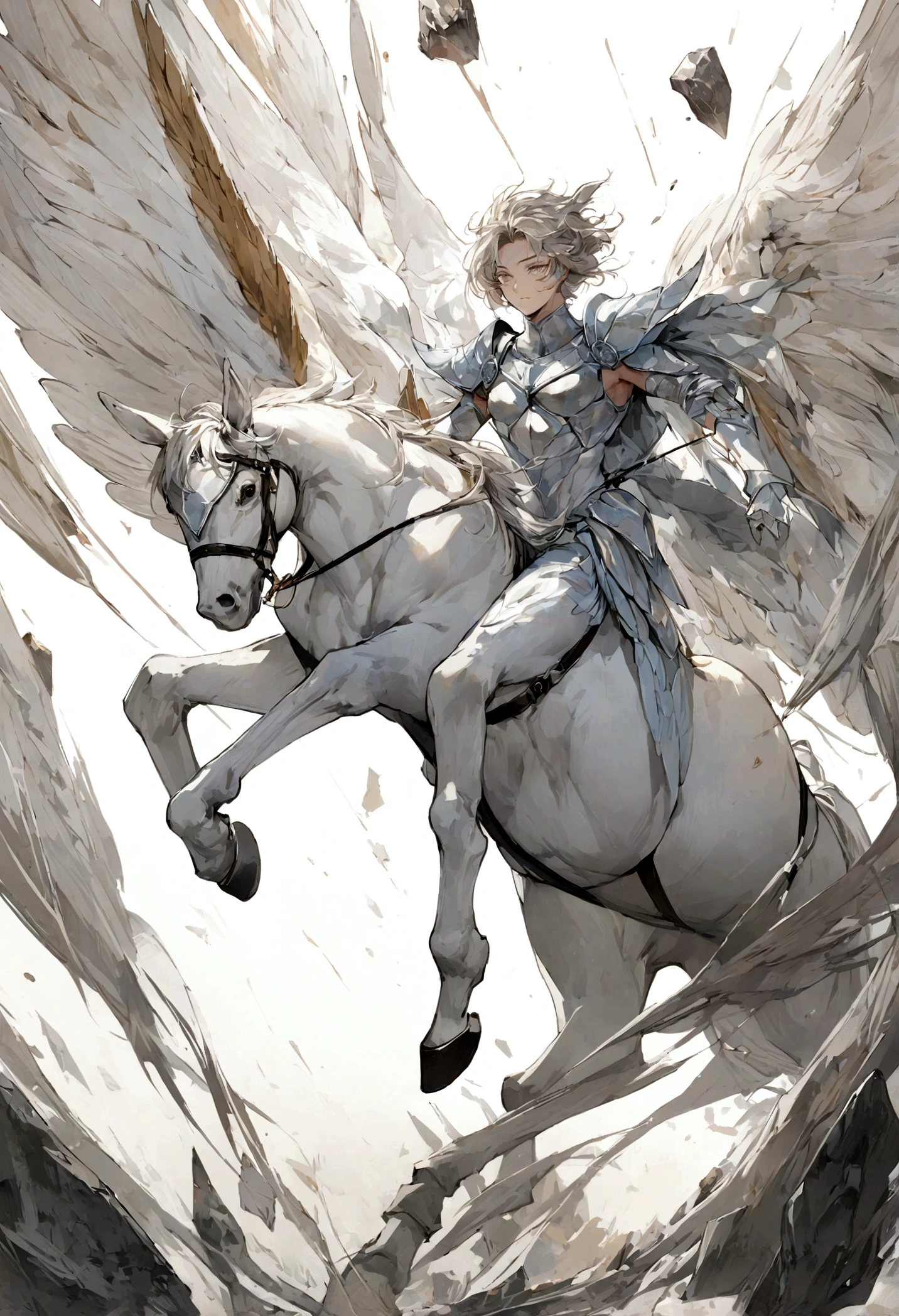 Saint Seiya, Pegasus Knight, winged horse, ancient greece, Meteorites, speed, Rapidly, Perfectly centered, Wearing Pegasus Armor, joy, Standing posture, Abstract Beauty, center, looking at camera, Facing the camera, Nearly perfect, Dynamic, Very detailed, Smooth, Clarity, 8K, 高Clarity分辨率, illustration, illustrations de Carne Griffiths et Wadim Kashin, White background