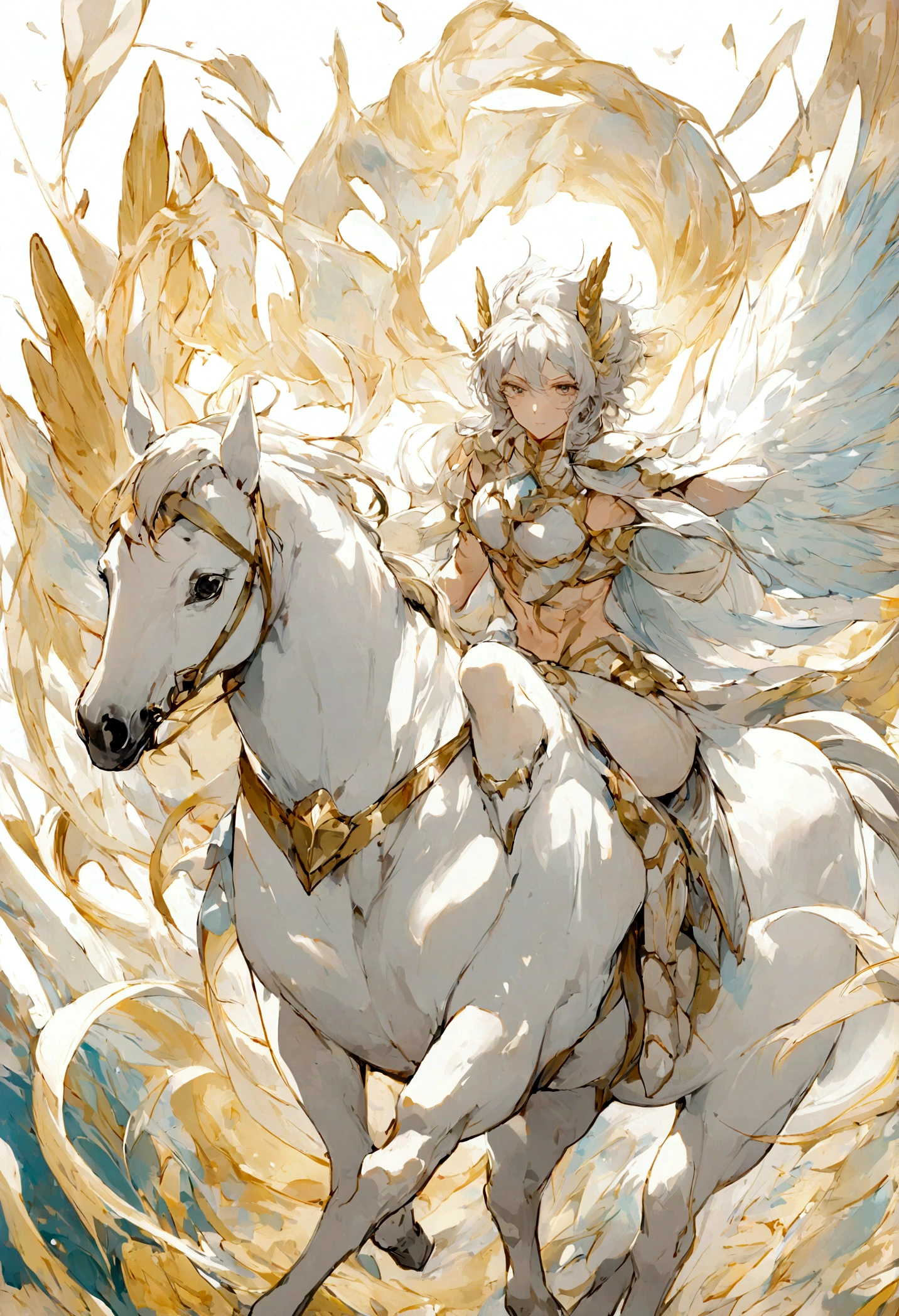 Saint Seiya, Pegasus Knight, winged horse, ancient greece, Meteorites, speed, Rapidly, Perfectly centered, Wearing Pegasus Armor, joy, Standing posture, Abstract Beauty, center, looking at camera, Facing the camera, Nearly perfect, Dynamic, Very detailed, Smooth, Clarity, 8K, 高Clarity分辨率, illustration, illustrations de Carne Griffiths et Wadim Kashin, White background