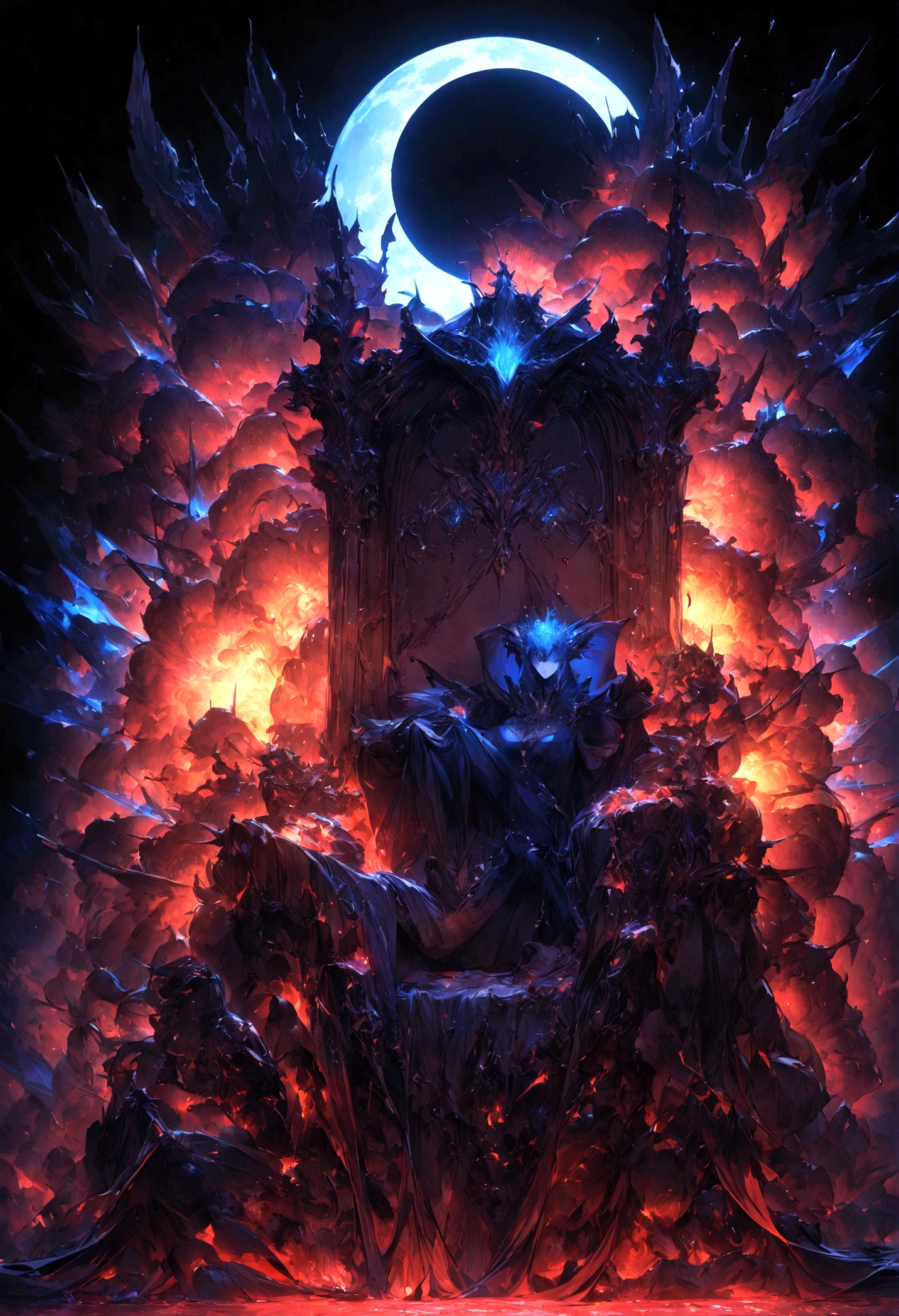 animal、Black cat、Black crown、throne、Beautiful blue eyed cat、Rin々Funny face、beautiful、blue Moon、Lots of blue light、ファンタジーBlack cat,Face close-up enhancement,AmbiLight,The colors are vivid and bright,Black background,haze,Detailed depiction,Rich details,Explosion of imagination,Surreal,Ultra-realistic,masterpiece,8k,Light,Tyndall effect