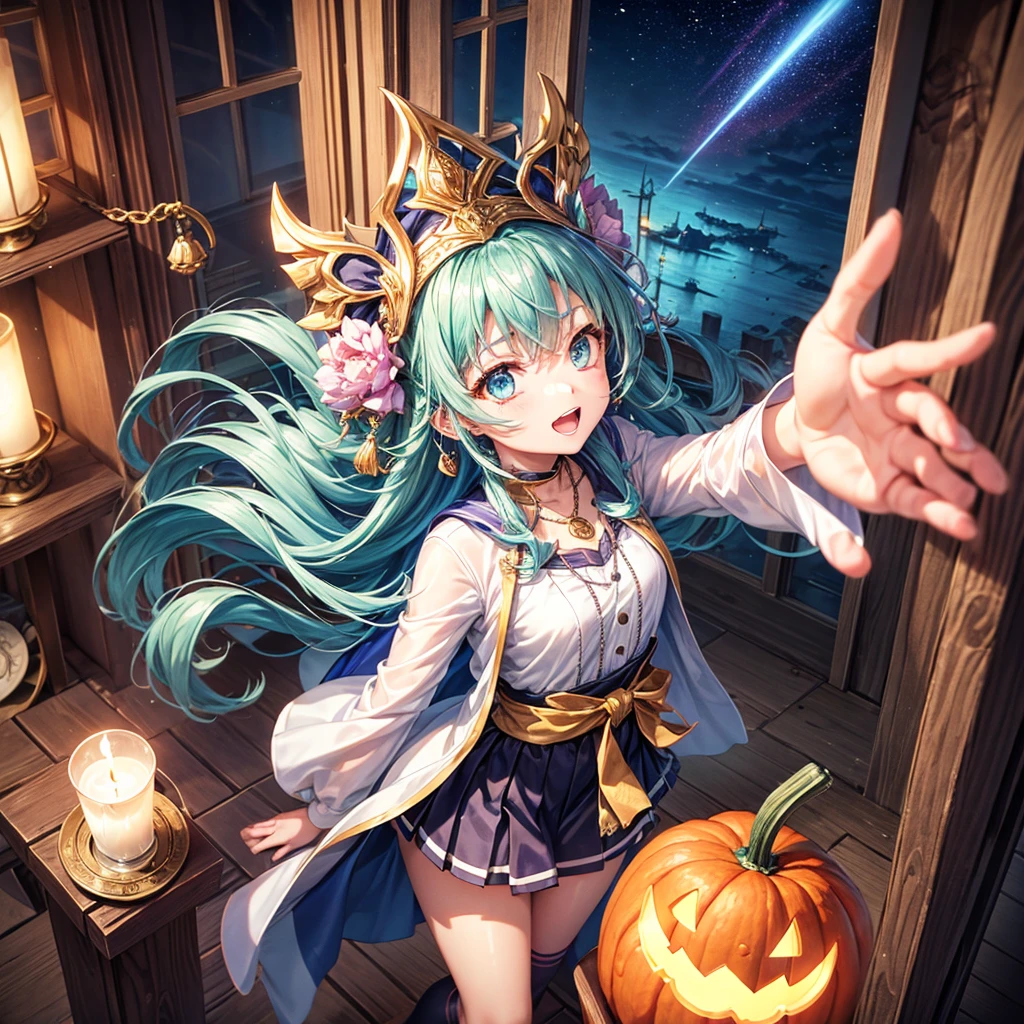 Aqua blue hair、Golden Eyes、Braid、One good looking girl、solo、anime、Checkered mini skirt、Ruffles on the skirt、Red T-shirt、Cape、Gothic、Black knee-high socks、bandana、Fluffy clothes、Wearing a ribbon、Ribbon on waist、Tilting face、Teeth are visible、Sunset sky、Piercing the clouds、Contrail、lotus leaves、Cumulonimbus、Pillar of Light、candle fire、Silver coin necklace、A world of light、Spreading his arms for balance、Pumpkin hat、shine、From above
