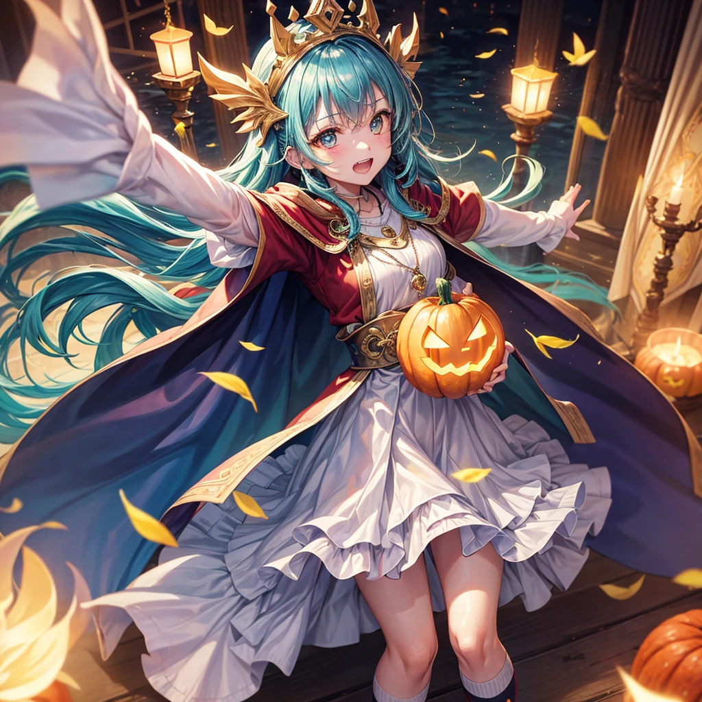 Aqua blue hair、Golden Eyes、Braid、One good looking girl、solo、anime、Checkered mini skirt、Ruffles on the skirt、Red T-shirt、Cape、Gothic、Black knee-high socks、bandana、Fluffy clothes、Wearing a ribbon、Ribbon on waist、Tilting face、Teeth are visible、Sunset sky、Piercing the clouds、Contrail、lotus leaves、Cumulonimbus、Pillar of Light、candle fire、Silver coin necklace、A world of light、Spreading his arms for balance、Pumpkin hat、shine、From above