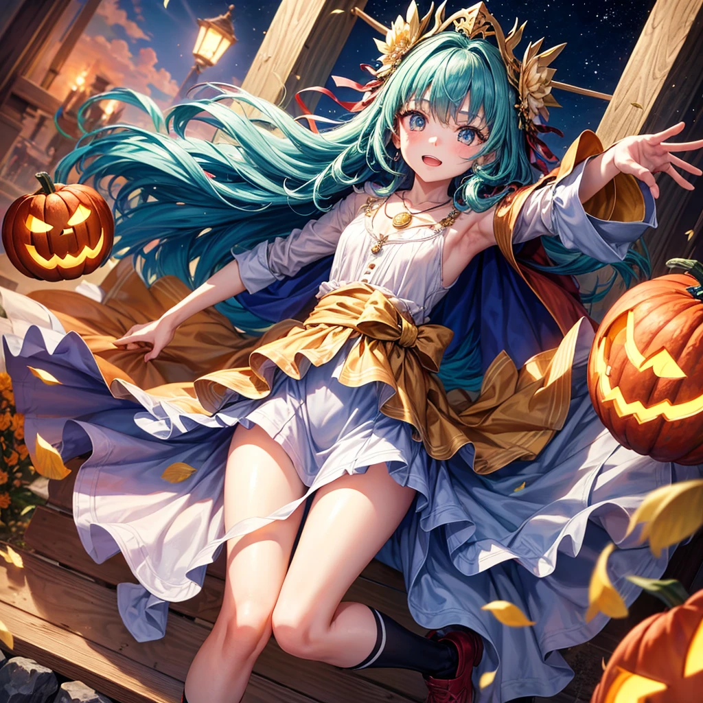 Aqua blue hair、Golden Eyes、Braid、One good looking girl、solo、anime、Checkered mini skirt、Ruffles on the skirt、Red T-shirt、Cape、Gothic、Black knee-high socks、bandana、Fluffy clothes、Wearing a ribbon、Ribbon on waist、Tilting face、Teeth are visible、Sunset sky、Piercing the clouds、Contrail、lotus leaves、Cumulonimbus、Pillar of Light、candle fire、Silver coin necklace、A world of light、Spreading his arms for balance、Pumpkin hat、shine、From above