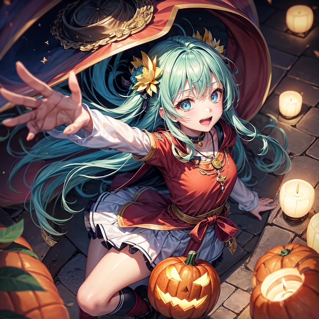 Aqua blue hair、Golden Eyes、Braid、One good looking girl、solo、anime、Checkered mini skirt、Ruffles on the skirt、Red T-shirt、Cape、Gothic、Black knee-high socks、bandana、Fluffy clothes、Wearing a ribbon、Ribbon on waist、Tilting face、Teeth are visible、Sunset sky、Piercing the clouds、Contrail、lotus leaves、Cumulonimbus、Pillar of Light、candle fire、Silver coin necklace、A world of light、Spreading his arms for balance、Pumpkin hat、shine、From above