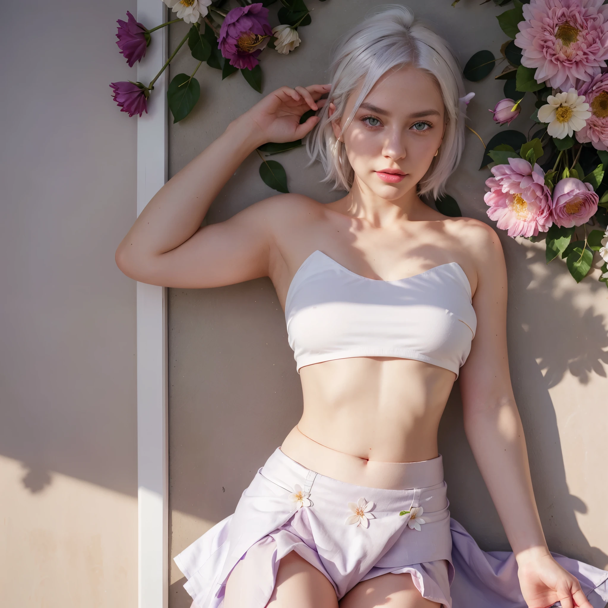 realistic, 1girl, white hair, purple eyes, glowing eyes, crop top, skirt, parted lips, blush, night, flowers, sun, sunlight,topless