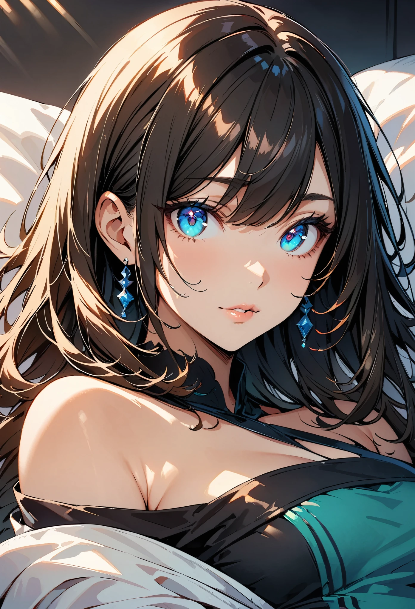 (highest quality:1.2, Very detailed, High Detail, digital coloring, High Contrast, masterpiece:1.2, highest quality, Best aesthetics), Beautiful fine details, ((Detailed eyes)), Beautiful lip detail, Very detailed目と顔, Long eyelashes, (One girl), Close-up shot, Portraiture, Lying in bed, Soft lighting, Calm colors, Graceful pose, Calm expression, Long Straight Hair.