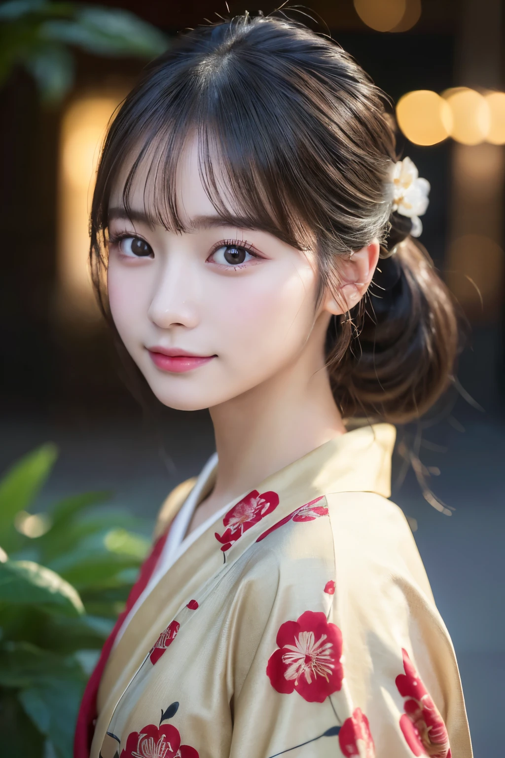 (kimono)、(highest quality、8k、High resolution、masterpiece:1.2)、Very detailed、(Realistic、photoRealistic、photo-Realistic:1.3)、Bokeh、Portraiture、(Natural and detailed eyes、beautiful girl、Young face、Detailed face、No makeup)、Backlight、Professional Lighting、smile、Caustics、Japanese garden