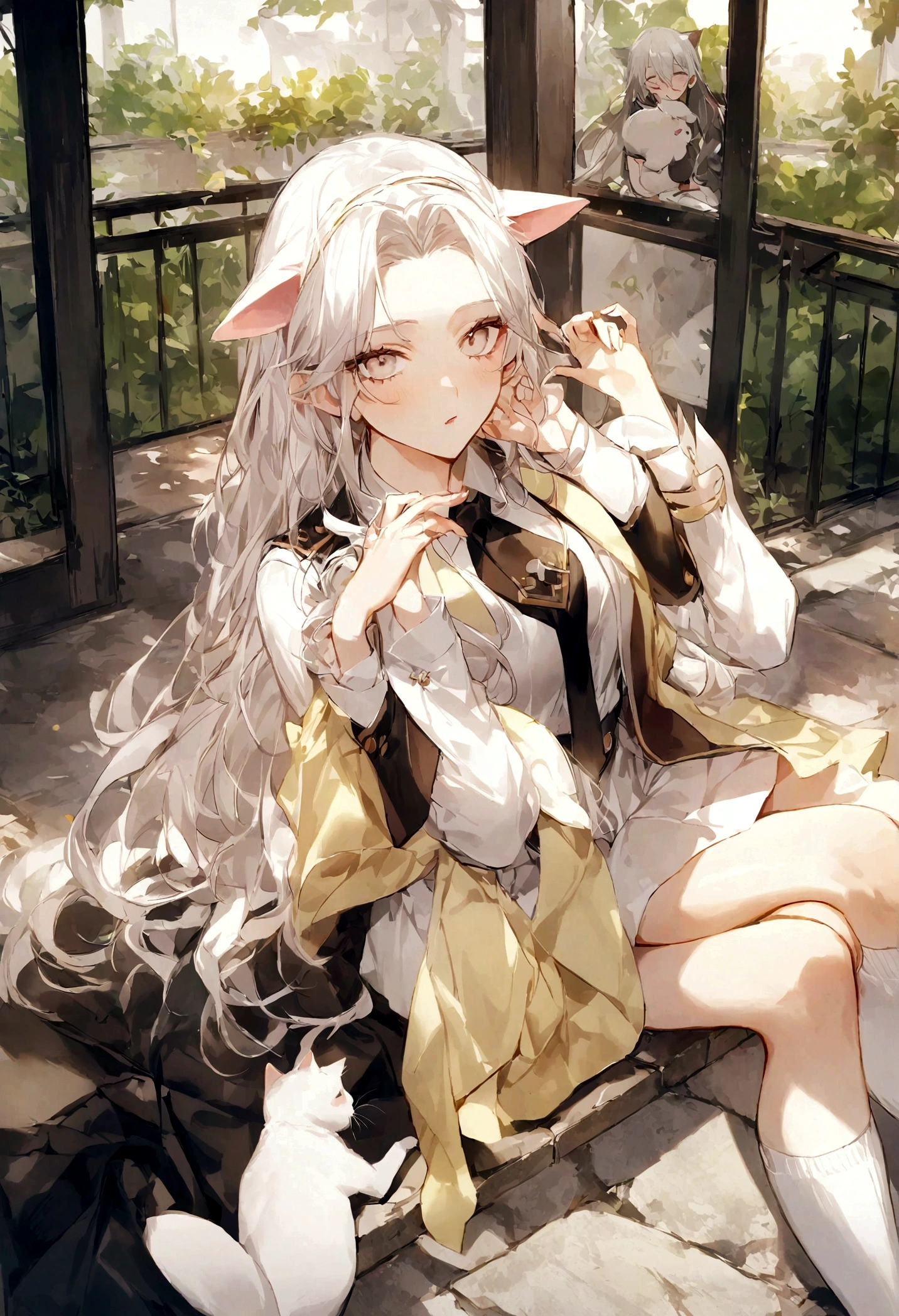 Anime girl with cat ears fake cat ears, und die Katzenohren sind goldend umrandet auf dem Kopf, lange pinke Haare, sehr lange Haare, leuchtende pinke Haare, Leuchtende gelbe pinke Augen, Blau_Rock, Falten-_Rock, Schule_Uniform, knee socks、well-formed breasts, Blau_Matrose_Kragen, White_Hemd, Perfekte Finger、perfekte Beine,