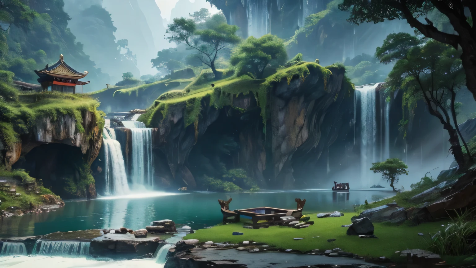 Chinese ancient times, spring, jungle, rain, lake, cave, waterfall, tree, meadow, rock, deer, hot spring, water vapor, (illustration: 1.0), epic composition, realistic lighting, HD details, masterpiece, best quality, (very detailed CG unified 8k wallpaper)