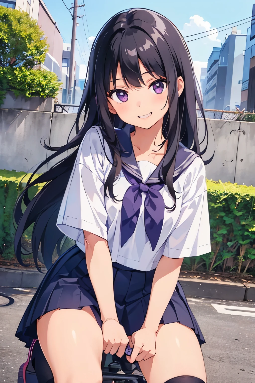 , 8 years old, flat chest,ir, long hair, purple eyes, smiling（one person） Upper body plain white T-shirt　Black mini skirt and white panties（（I can see her panties））White socks　sneakers　 garden　Crouching in front of a bicycle　Dynamic angle Low angle