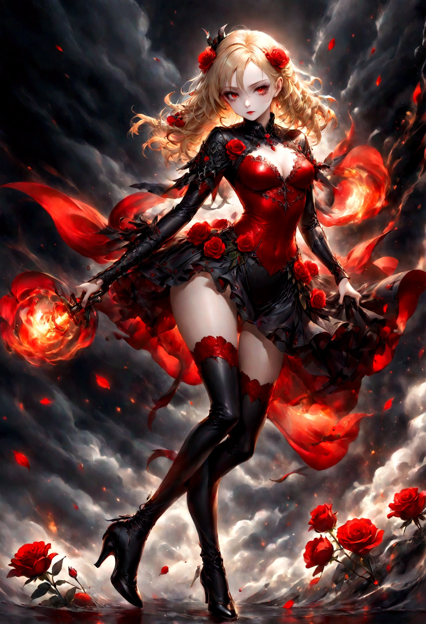 modisn disney, Arafed, action shot, Dark fantasy art, fantasy art, goth art, a picture of a female vampire, exquisite beauty, full body shot, dark glamour shot, pale white skin, blond hair, long hair, wavy hair, (glowing grey: 1.3) eyes, she wears a (red: 1.3) red thigh suit, ArmoredDress, she holds a sword in hand, (ready for battle: 1.4) , the roses are imprinted on the suit (black: 1.4) black roses, high heels, dark castle, dark, black and color, Dark Art Painting Style, flower dress, betmd