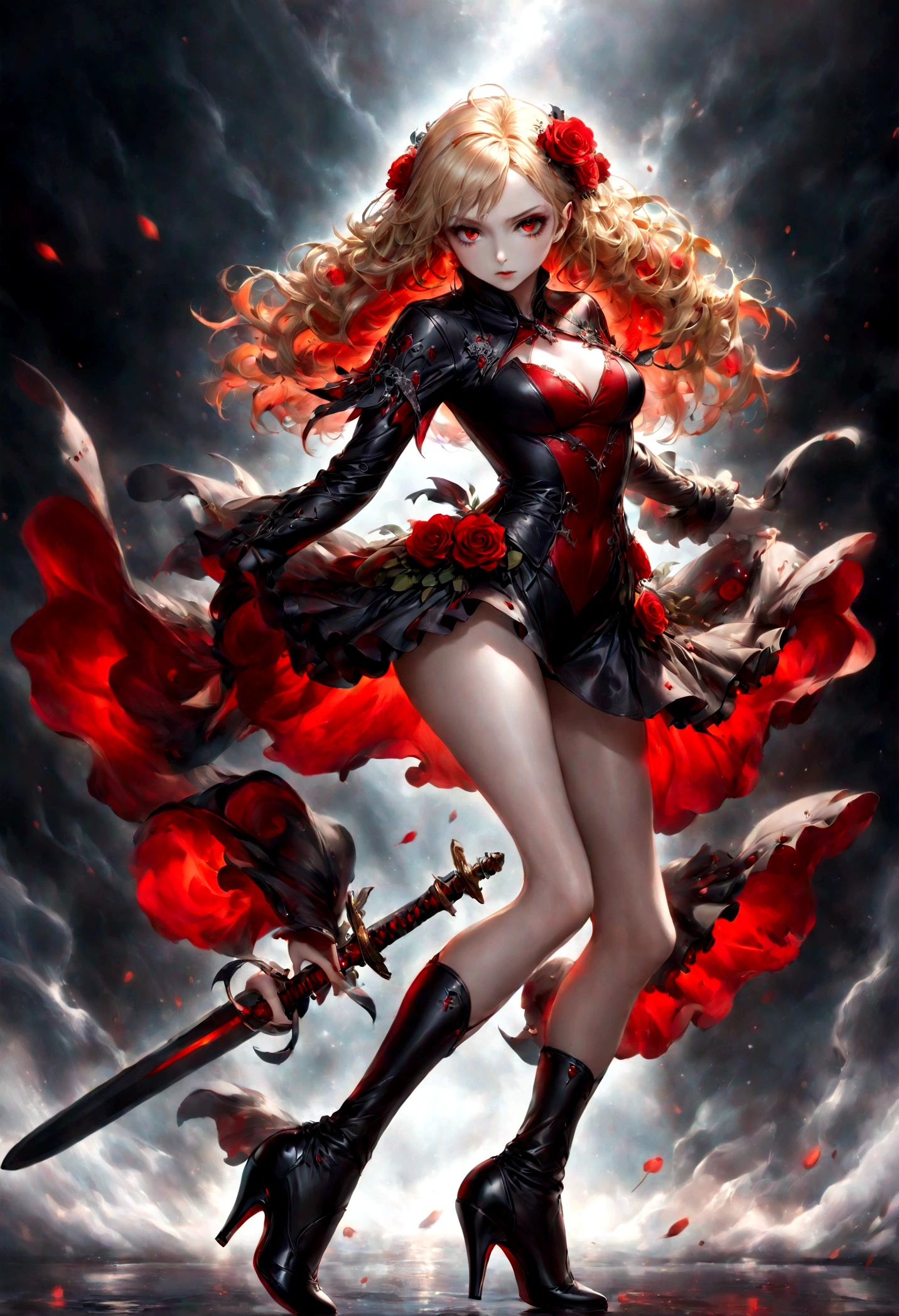 modisn disney, Arafed, action shot, Dark fantasy art, fantasy art, goth art, a picture of a female vampire, exquisite beauty, full body shot, dark glamour shot, pale white skin, blond hair, long hair, wavy hair, (glowing grey: 1.3) eyes, she wears a (red: 1.3) red thigh suit, ArmoredDress, she holds a sword in hand, (ready for battle: 1.4) , the roses are imprinted on the suit (black: 1.4) black roses, high heels, dark castle, dark, black and color, Dark Art Painting Style, flower dress, betmd