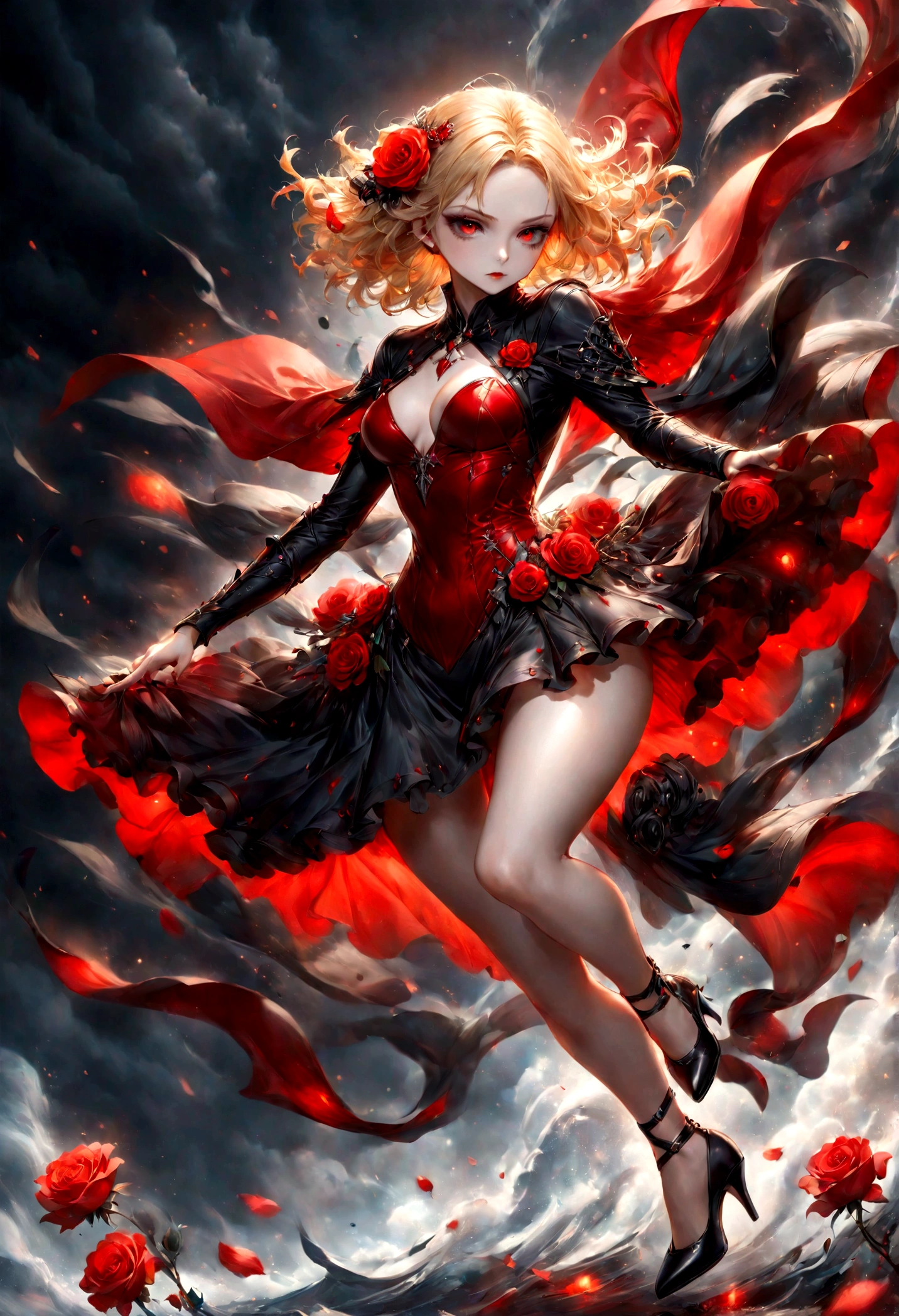 modisn disney, Arafed, action shot, Dark fantasy art, fantasy art, goth art, a picture of a female vampire, exquisite beauty, full body shot, dark glamour shot, pale white skin, blond hair, long hair, wavy hair, (glowing grey: 1.3) eyes, she wears a (red: 1.3) red thigh suit, ArmoredDress, she holds a sword in hand, (ready for battle: 1.4) , the roses are imprinted on the suit (black: 1.4) black roses, high heels, dark castle, dark, black and color, Dark Art Painting Style, flower dress, betmd