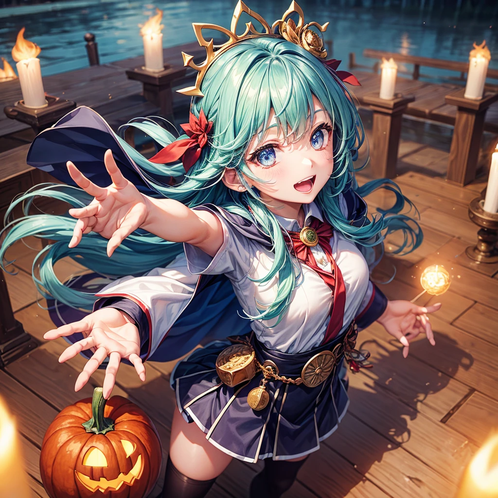Aqua blue hair、Golden Eyes、Braid、One good looking girl、solo、anime、Checkered mini skirt、Ruffles on the skirt、Red T-shirt、Cape、Gothic、Black knee-high socks、bandana、Fluffy clothes、Wearing a ribbon、Ribbon on waist、Tilting face、Teeth are visible、Sunset sky、Piercing the clouds、Contrail、lotus leaves、Cumulonimbus、Pillar of Light、candle fire、Silver coin necklace、A world of light、Spreading his arms for balance、Pumpkin hat、shine、From above