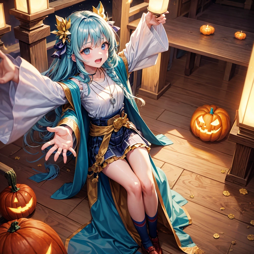 Aqua blue hair、Golden Eyes、Braid、One good looking girl、solo、anime、Checkered mini skirt、Ruffles on the skirt、Red T-shirt、Cape、Gothic、Black knee-high socks、bandana、Fluffy clothes、Wearing a ribbon、Ribbon on waist、Tilting face、Teeth are visible、Sunset sky、Piercing the clouds、Contrail、lotus leaves、Cumulonimbus、Pillar of Light、candle fire、Silver coin necklace、A world of light、Spreading his arms for balance、Pumpkin hat、shine、From above