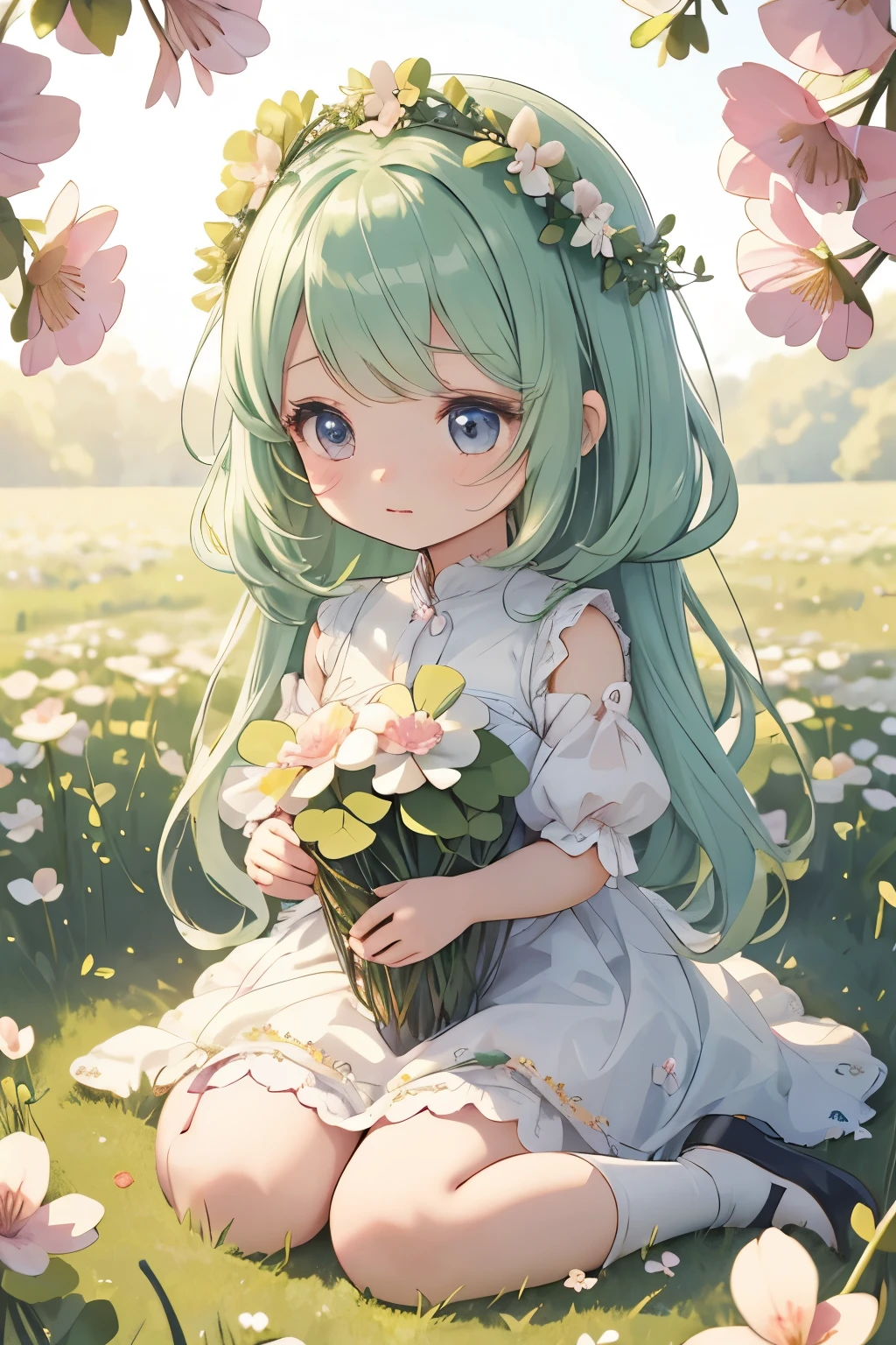 Chibi girl doll wearing a clover flower crown、Adorable shoes、Photorealistic、Very detailed、8k、masterpiece、Complex and soft lighting、Delicate petals、Natural Color、Porcelain Skin、Rosy Cheeks、Long eyelashes、Beautiful Eyes、Button Nose、Small lips、Gentle expression、Sitting in the clover field、Film composition、Warm tones、Shine、Ethereal、magical realism、Fantasy
