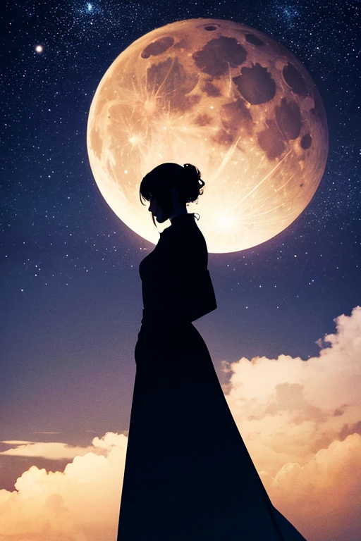 highest quality,Big moon and shadow,A silhouette of a person can be seen against the backdrop of a large moon.,There is one full moon,There is a mood,Beautiful scenery,Starry Sky