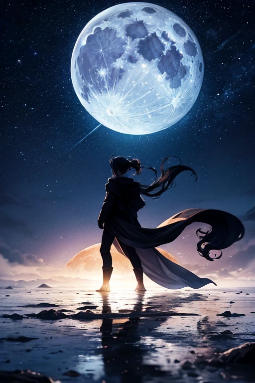 highest quality,Big moon and shadow,A silhouette of a person can be seen against the backdrop of a large moon.,There is one full moon,There is a mood,Beautiful scenery,Starry Sky