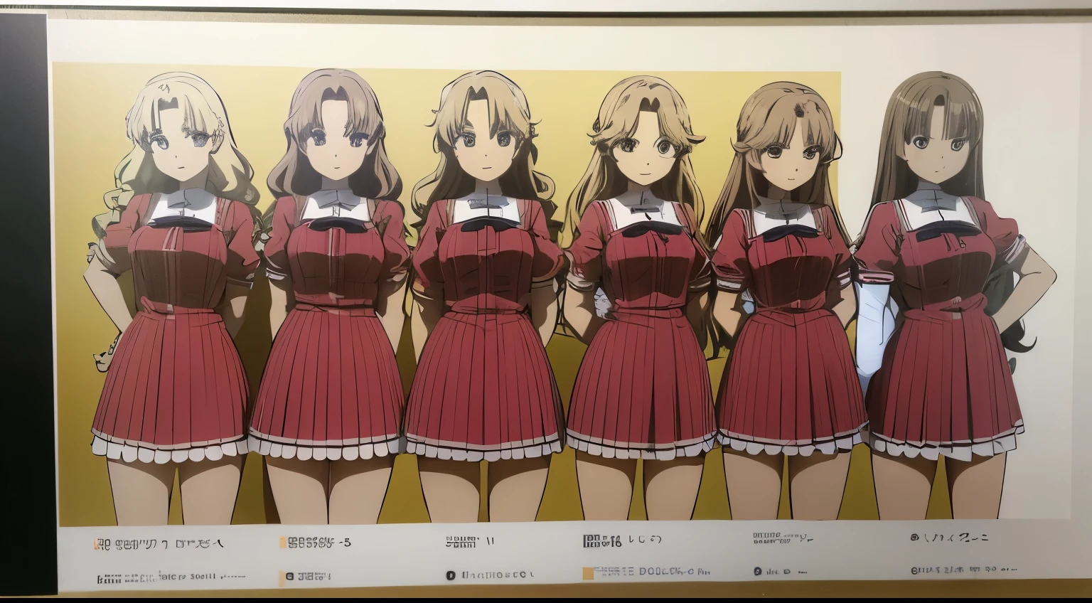 masterpiece, high quality, Multiple girls, organization, Same sisters, Blonde Hair, curls, (brown haired sisters, Blonde sisters, many sisters, Match hairstyle, different hair colors), Hazel eyes, Medium bust, ((Matching Clothing, Uniforms)), Smile, flat_color, Same height, organization pose, Back to back,