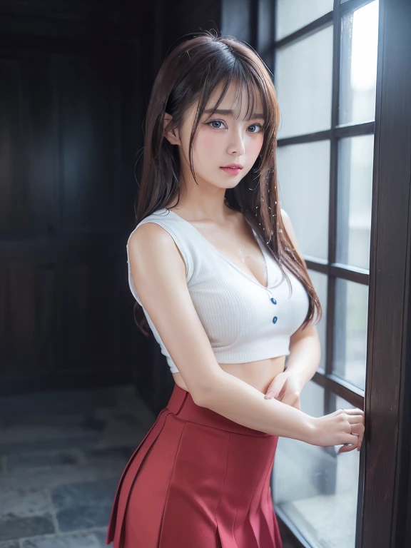 (((32k,High detail,High definition、masterpiece,Attention to detail,Esbian all over,solo))),RAW Photos & Realistic atmosphere,美しい濃いblue eyes,Mouth details,Glossy lips,Fine eyebrows,With soft white skin that shines in every detail、Detailed eyes、blue eyes,Very beautiful eyes,Detailed lips、Very beautiful face,Very well-formed face、A vivid face,Beautiful, shining lips, Realistic Young Gravure Idol, Very beautiful school girl, , Young Sensual Gravure Idol, Young Gravure Idol, Beautiful and cute adult16 years old ,The whole body is wet,Dripping,Blushing,Very beautiful, Sexy and classy16 years oldの女の子,Medium-long brown shiny hair,Wet hair,Dripping水,Dripping,(Looking into the camera:1.4),(darkness,Very dark,Use a flashlight to illuminate an object in a dark classroom:1.7),(Sexy,Healthy and toned body,High Detail High Vision High Vision Japan HDTV Black HDTV High Vision Black High Vision Black High Vision High Vision Black High Vision High Vision Uniform,well-shaped chest of medium size,,,Mature Body, I feel anxious and like crying,Watery eyes,Cold Smile,Glare,Glare顔も美しい,High Resolution Arm,,High Resolution Finger,:1.5),(The chest of the uniform is open,Wearing a classy uniform in black and red、黒のパンストとSexy脚を身につけて、She is standing upright, shyly lifting her skirt.:1.7)