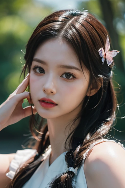 1girl,feature article or story,(RAW photo, best quality),(realistic, photo-realistic:1.3),(extremely delicate and beautiful:1.1),Amazing,finely detail,masterpiece,ultra-detailed,highres,best illustration,best shadow,intricate,(extremely intricate:1.2),(exquisitely detailed skin),cinematic light,perfect anatomy,(coolcolor:1.4),(sharp focus),volumetric fog,8k UHD,DSLR,high quality,( film grain:1.4),Fujifilm XT3,butterfly,Put your hands on your mouth,