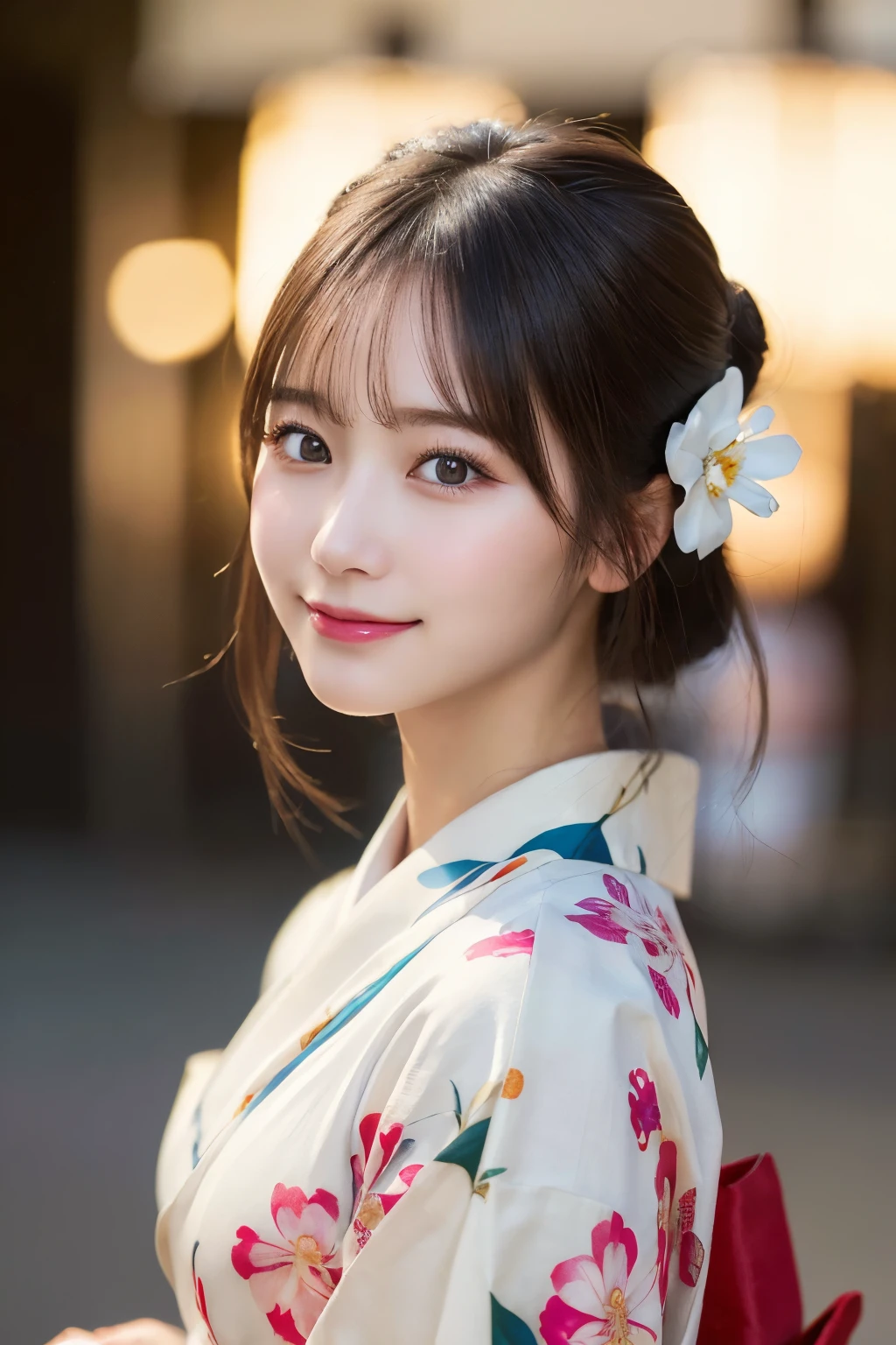 (kimono)、(highest quality、8k、High resolution、masterpiece:1.2)、Very detailed、(Realistic、photoRealistic、photo-Realistic:1.3)、Bokeh、Portraiture、Smile、(Detailed eyes、beautiful girl、Young face、Detailed face、No makeup)、Slightly backlit、Professional Lighting、Caustics