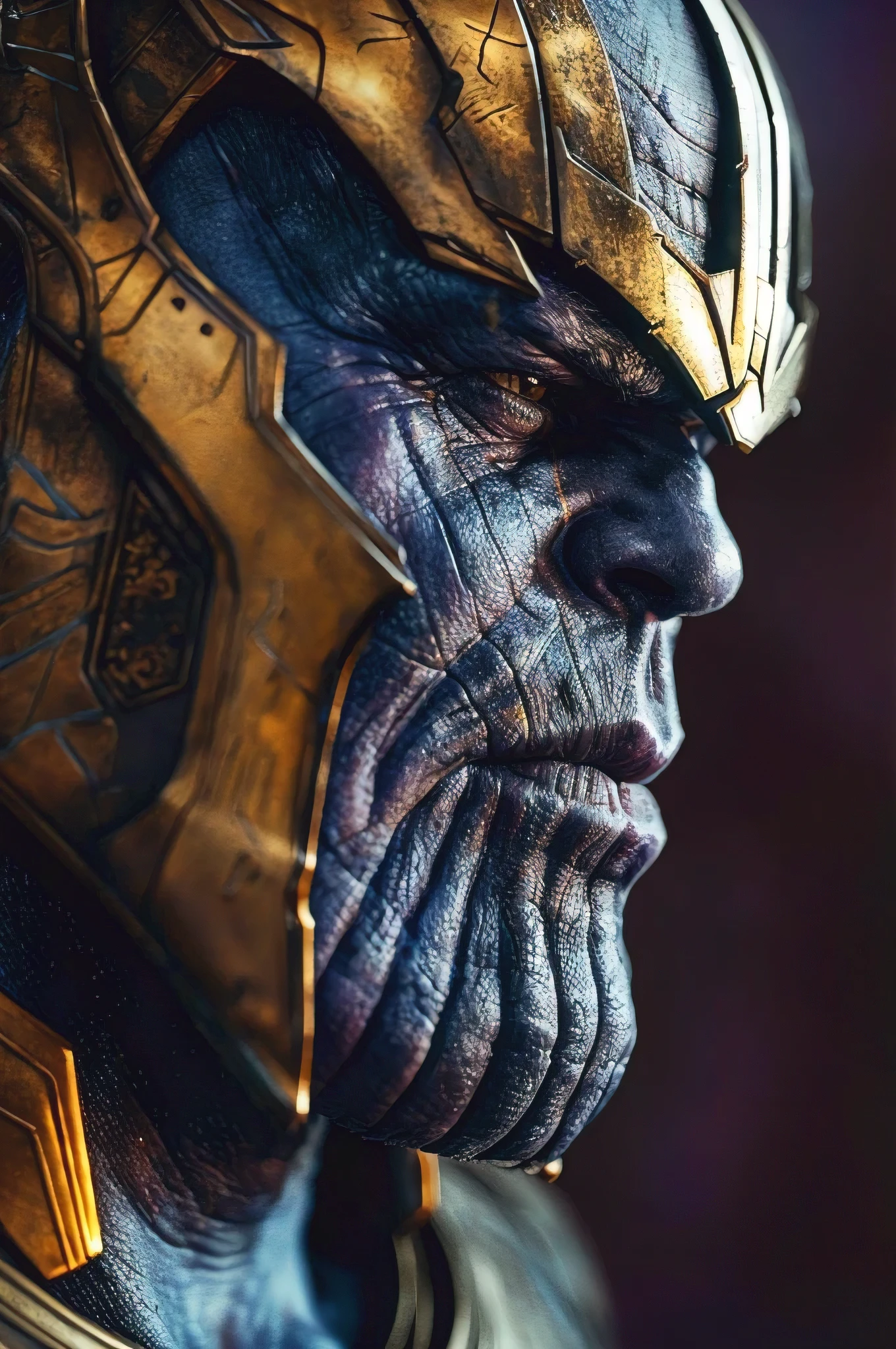 a photorealistic, highly detailed portrait of Thanos, the mad titan, intense glowing eyes, large muscular purple face with prominent jawline and chin, veiny skin texture, angry expression, dramatic lighting, cinematic composition, (best quality,4k,8k,highres,masterpiece:1.2),ultra-detailed,(realistic,photorealistic,photo-realistic:1.37),dramatic lighting,cinematic composition,cinematic lighting,dramatic shadow,cinematic camera angle