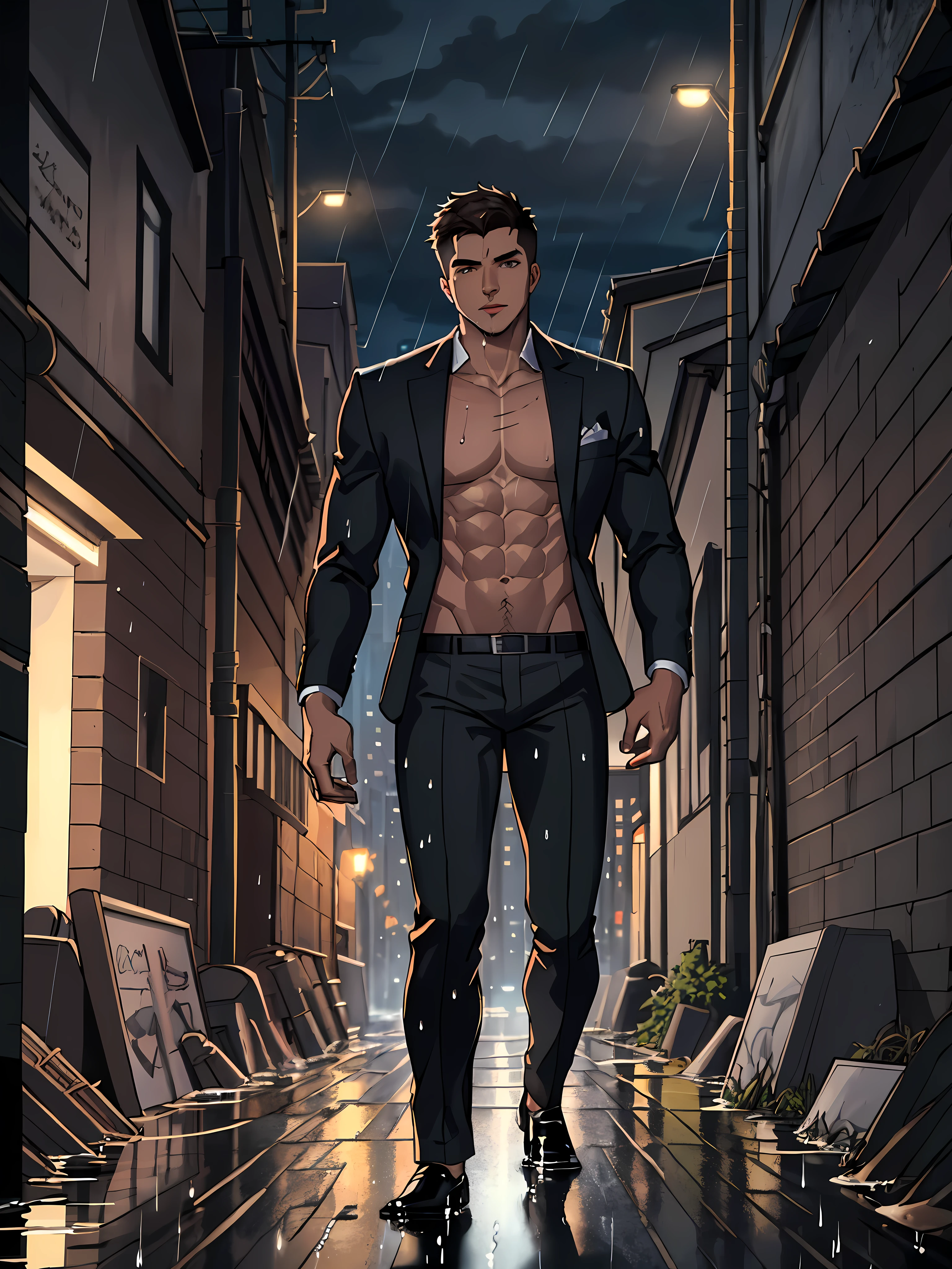 Male, muscular, brown skin, Very short hair, dark suit pants, black blazer with no shirt, 6 pack abs, city background, night, in a dark alley, vivid colors, 8k, Unreal Engine, highly detailed, octane rendering, raining, detailed face, wet skin, puddles, lighting