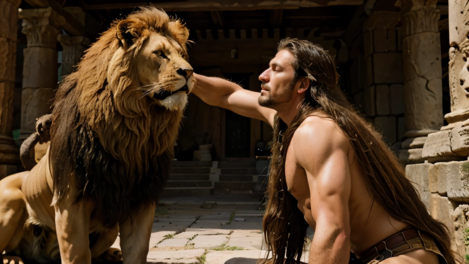 ancient man long hair fighting with big LION