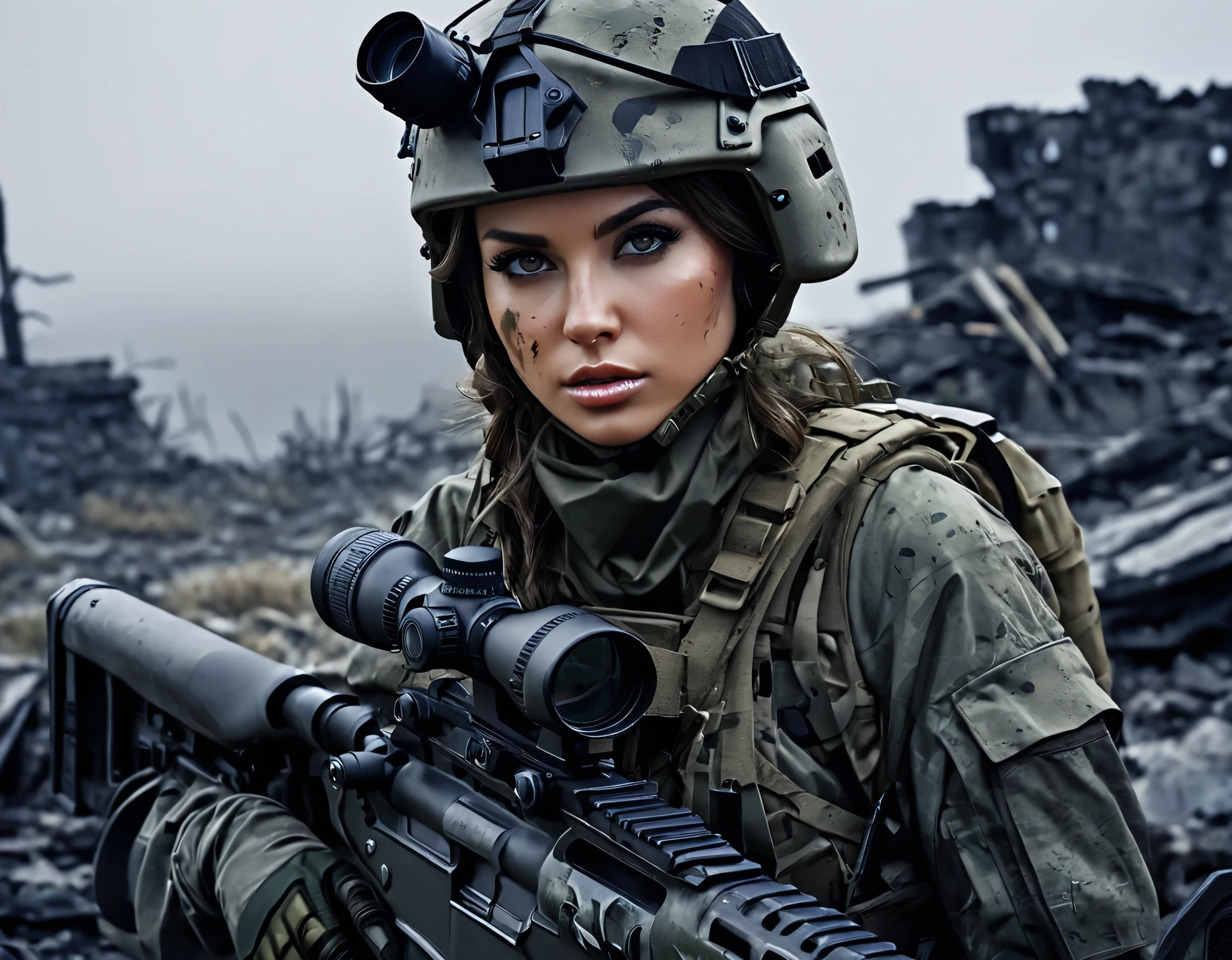 A young and extremely beautiful female sniper、Detailed face、Beautiful Eyes、Long eyelashes、Serious expression、Tactical Helmet、Camouflage latex suit、Tactical equipment、sniper rifle、War-torn landscape、Cloudy、fog、ruins、wreckage、Cinematic lighting、Grainy、Gloomy、dark、Calm colors、Real、8k、High resolution、Detailed Description、masterpiece