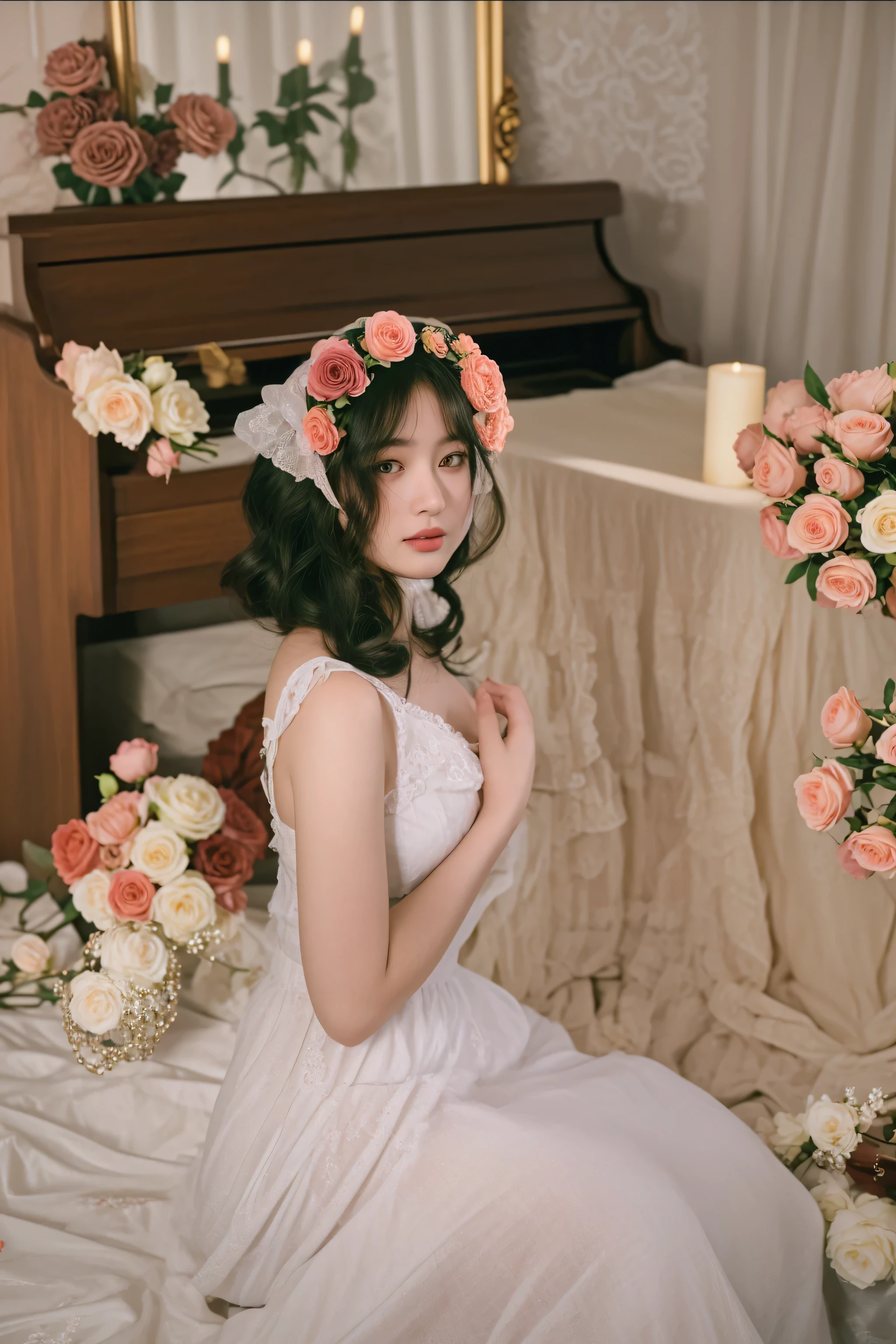 there is a woman sitting on a bed with flowers in her hair, taken with canon eos 5 d mark iv, romanticism portrait, with flowers, captured on canon eos r 6, crown of mechanical peach roses, dreamy atmosphere and drama, retro vintage and romanticism, taken with canon 5d mk4, rococo style portrait, in romantic style, 