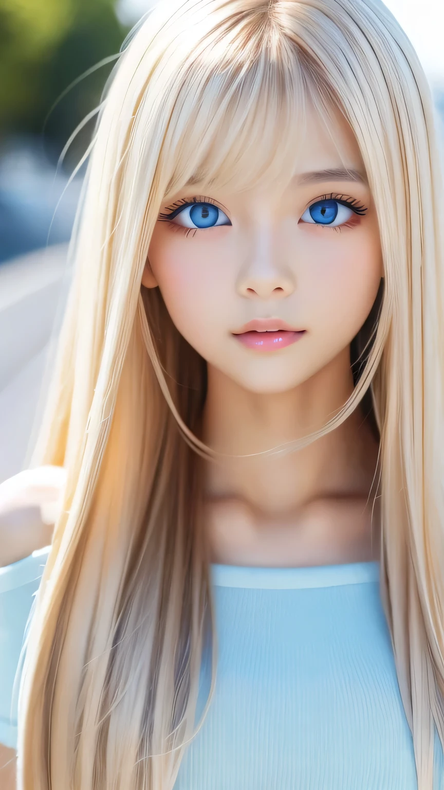 A perfectly beautiful face、Super long messy silky beautiful blonde、Beautiful cute girl 15 years old、Sexy and very beautiful cute face、Beautiful cute sexy bright pale sky blue big eyes、Long beautiful bangs、Very super long beautiful blonde shiny silky hair、Very white skin、Cheek gloss、Glossy Skin、eyeliner、A peerless beauty、Hair above the eyes、片Hair above the eyes、Hair between the eyes、