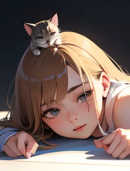 masterpiece, 最high quality, (((Girl lying face down)))、((Cat lying on head))、, Beautiful details, Beautiful and sophisticated cat,, very fine fur, Soft and fluffy, Adorable, Playful, Curious look, Long Hair Girl, Girl looking up at cat, Intricate details, high quality, 8k, Realistic, masterpiece, Natural light, Warm tones