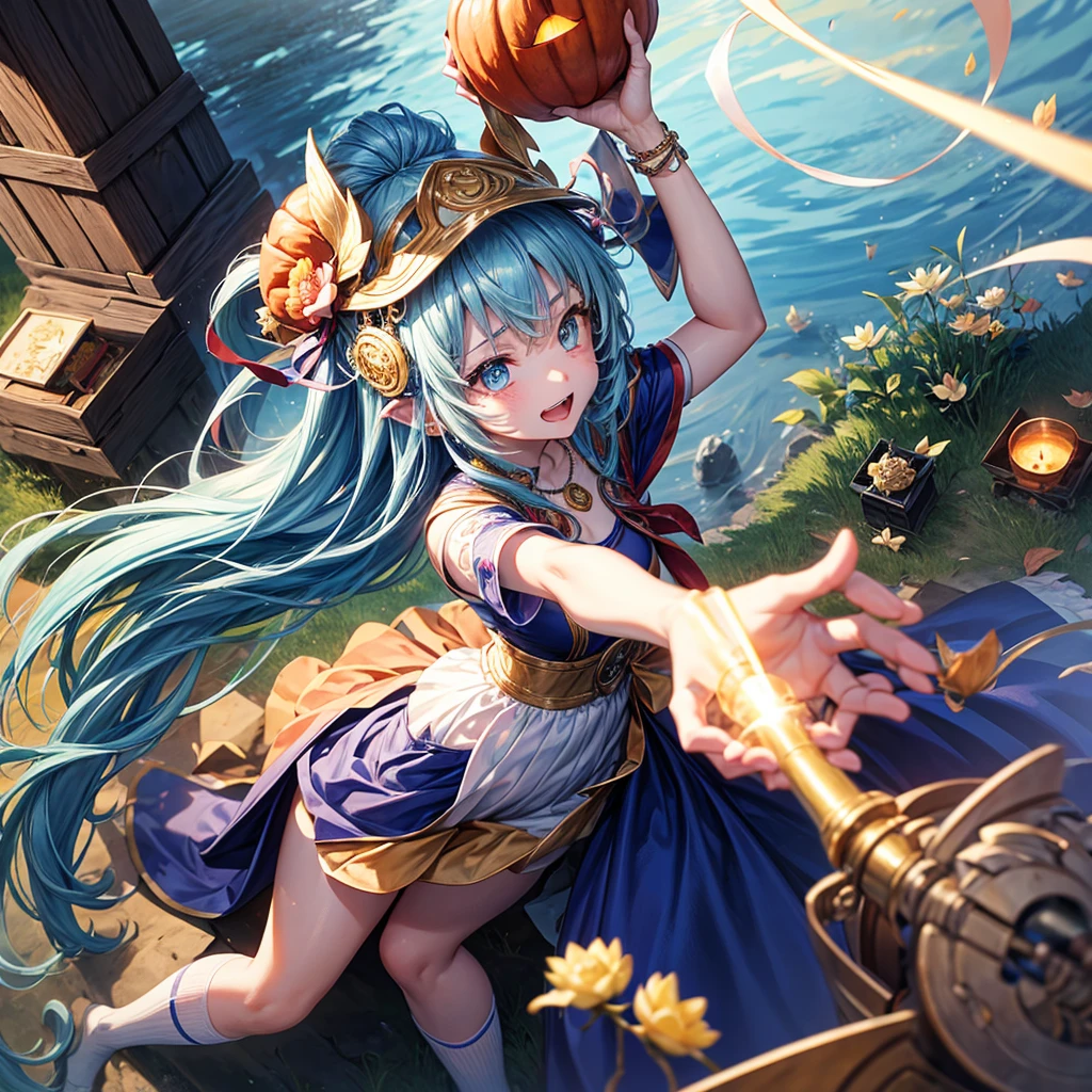 Aqua blue hair、Golden Eyes、Braid、One good looking girl、solo、anime、Checkered mini skirt、Ruffles on the skirt、Red T-shirt、Cape、Gothic、Black knee-high socks、bandana、Fluffy clothes、Wearing a ribbon、Ribbon on waist、Tilting face、Teeth are visible、Sunset sky、Piercing the clouds、Contrail、lotus leaves、Cumulonimbus、Pillar of Light、candle fire、Silver coin necklace、A world of light、Spreading his arms for balance、Pumpkin hat、shine、From above