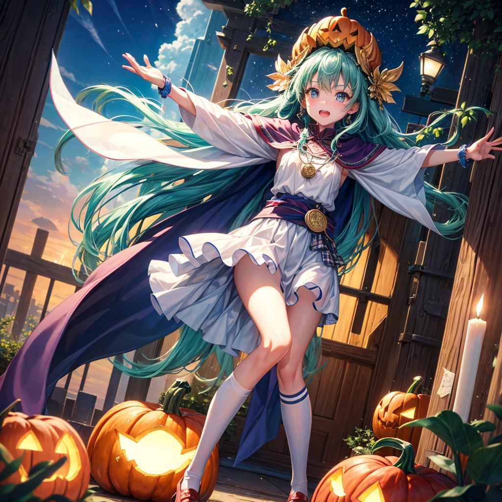 Aqua blue hair、Golden Eyes、Braid、One good looking girl、solo、anime、Checkered mini skirt、Ruffles on the skirt、Red T-shirt、Cape、Gothic、Black knee-high socks、bandana、Fluffy clothes、Wearing a ribbon、Ribbon on waist、Tilting face、Teeth are visible、Sunset sky、Piercing the clouds、Contrail、lotus leaves、Cumulonimbus、Pillar of Light、candle fire、Silver coin necklace、A world of light、Spreading his arms for balance、Pumpkin hat、shine、From above
