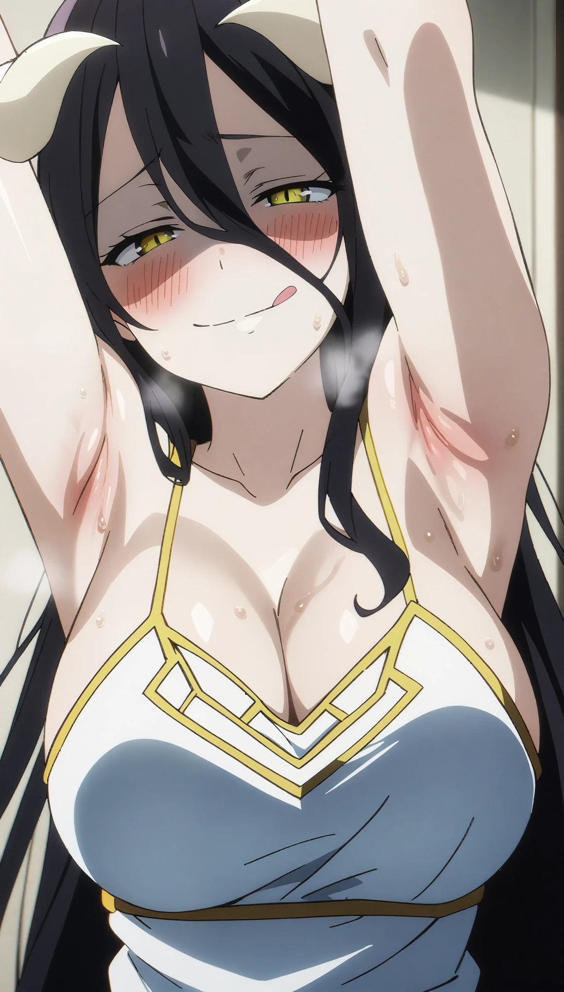 (masterpiece:1.2), hyper detail, best quality, (intricate_details:1.1), beautiful detailed, beautiful hair, solo, 1girl,ALBEDO, LONG HAIR, BLACK HAIR, HORNS, DEMON GIRL, DEMON HORNS, ALBEDO (OVERLORD), HAIR BETWEEN EYES, YELLOW EYES, SLIT PUPILS, ANIME COLORING,white dress,blurry_background,sweating,greasy shoulder,from below,looking at viewer,flipped hair,armpit,greasy armpit,from side, shoulder focus,((armpit focus)),bare shoulder,((upper body,((greasy armpit)),((smooth armpit)),((Pupil details)),backlighting,((Detailed armpit)),((elastic armpit)),((soft armpit)),pov,cleavage,large breasts,chin grab,((licking lips)),((smirk)),((shaded face)),yandere,blush,heavy breathing,steam,half closed eyes,reverse kabedon,((pov))