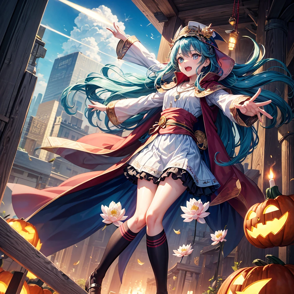 Aqua blue hair、Golden Eyes、Braid、One good looking girl、solo、anime、Checkered mini skirt、Ruffles on the skirt、Red T-shirt、Cape、Gothic、Black knee-high socks、bandana、Fluffy clothes、Wearing a ribbon、Ribbon on waist、Tilting face、Teeth are visible、Sunset sky、Piercing the clouds、Contrail、lotus leaves、Cumulonimbus、Pillar of Light、candle fire、Silver coin necklace、A world of light、Spreading his arms for balance、Pumpkin hat、shine、From above