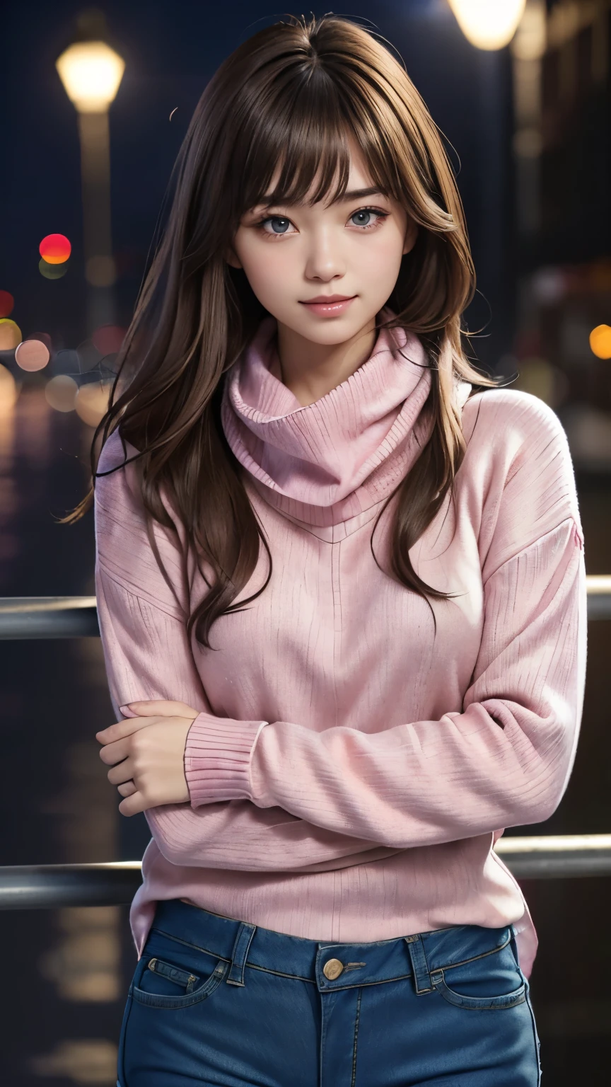 1 Japanese girl,(Denim pants and pink sweater:1.4),(She has a knitted scarf around her neck，Covering the chin:1.5，footwear), (RAW Photos, highest quality), (Actual, realism:1.4),(Pay attention to more than the thighs),Super Skirt， Extremely delicate and beautiful, The content is very detailed, 8k wall, Extremely detailed CG integration, High resolution, Gentle soft lighting, beautiful detailed 25 years old, Highly detailed eyes and face, Beautifully detailed nose, Beautiful Eyes,Light,City lights at night,Perfect Anatomy,elongated body shape,smile (My hair is messy, Asymmetrical bangs, Light brown hair,blue eyes)，Cowboy Shot