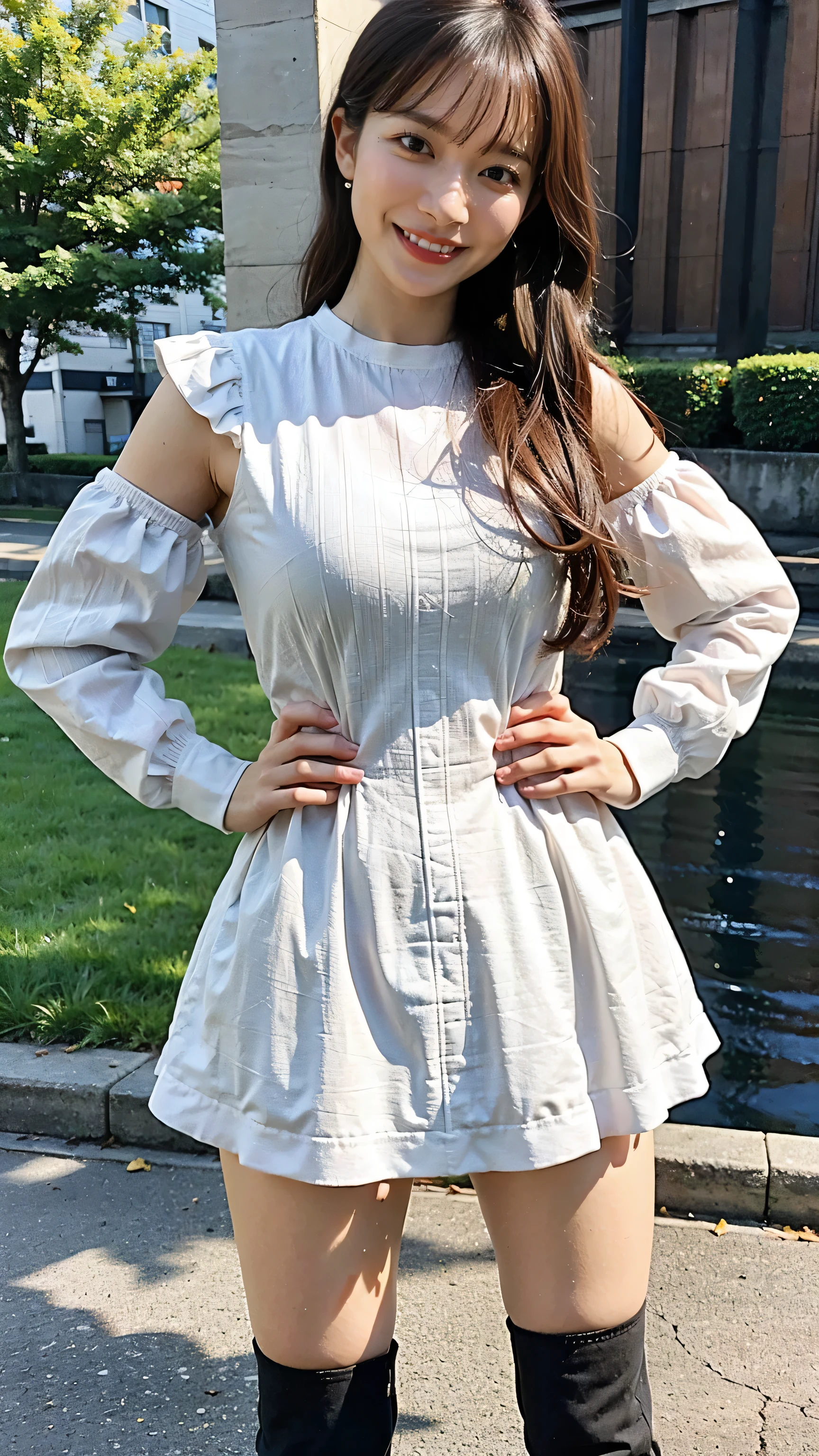 (8k、RAW Photos、highest quality、masterpiece:1.2)、(Realistic、Realistic)、1 girl、((Frilled mini skirt、Large Breasts、See-through、boots、Sleeveless、Black Wall、Spotlight、View from the front、looking at the camera、Standing with hands on hips))、