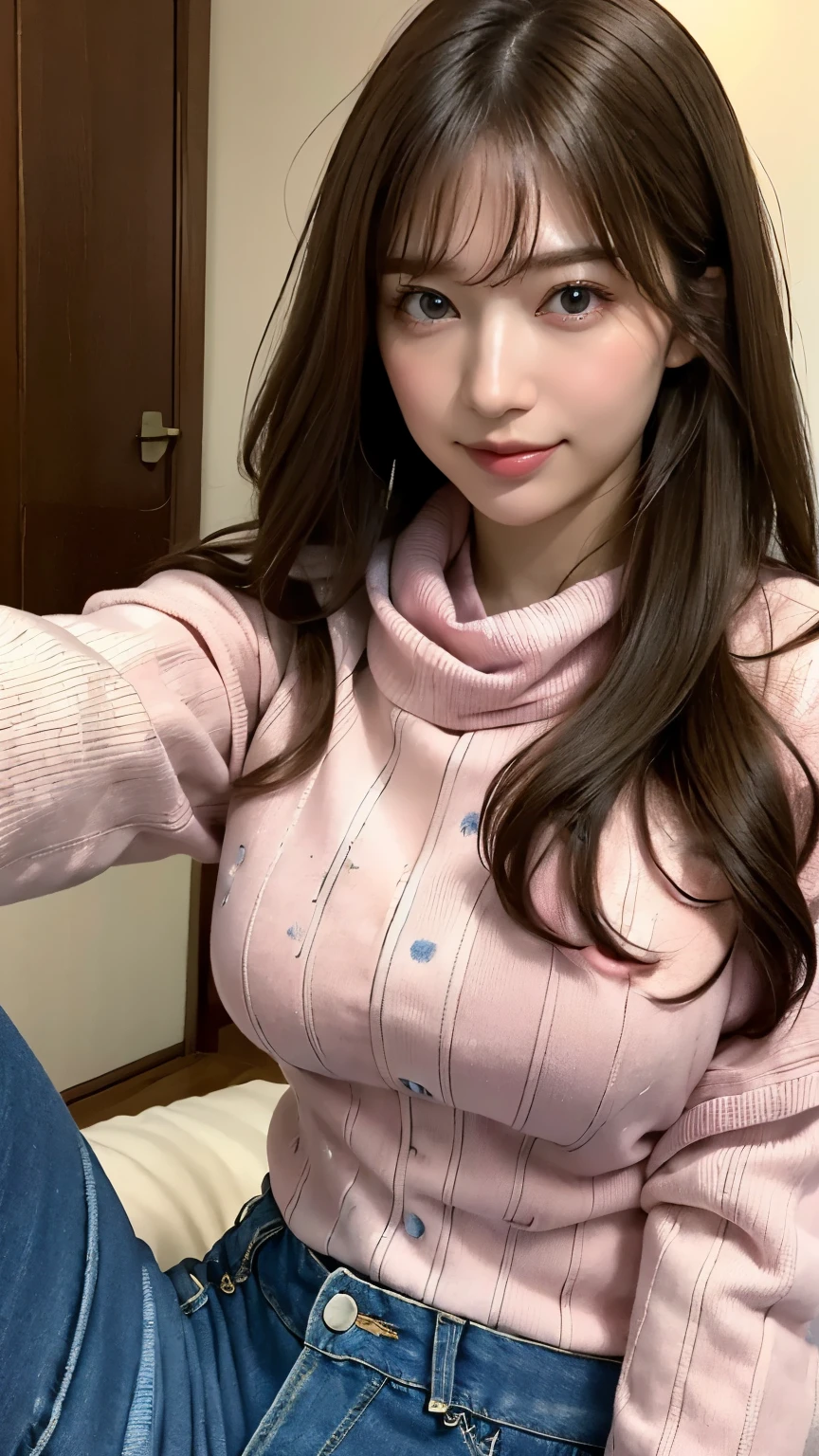 1 Japanese girl,(Denim pants and pink sweater:1.4),(She has a knitted scarf around her neck，Covering the chin:1.5，footwear), (RAW Photos, highest quality), (Actual, realism:1.4),(Pay attention to more than the thighs),Super Skirt， Extremely delicate and beautiful, The content is very detailed, 8k wall, Extremely detailed CG integration, High resolution, Gentle soft lighting, beautiful detailed 25 years old, Highly detailed eyes and face, Beautifully detailed nose, Beautiful Eyes,Light,City lights at night,Perfect Anatomy,elongated body shape,smile (My hair is messy, Asymmetrical bangs, Light brown hair,blue eyes)，Cowboy Shot