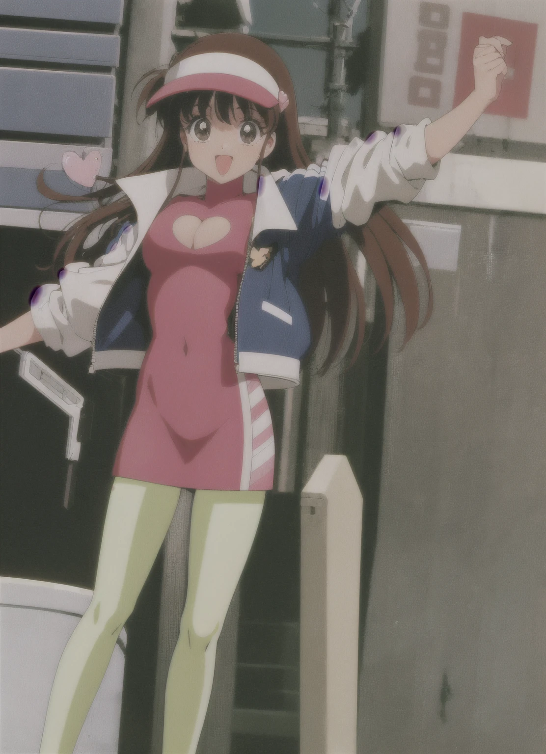 Assugodol, One girl, alone, Visor Cap, heart, hair ornaments, Jacket, dress, pantyhose, Open your mouth, 1990s (style), View Viewer, smile, Outdoor, null, Cowboy Shot, Cleavage cutout, Race Queen, White underwear, Panty shot