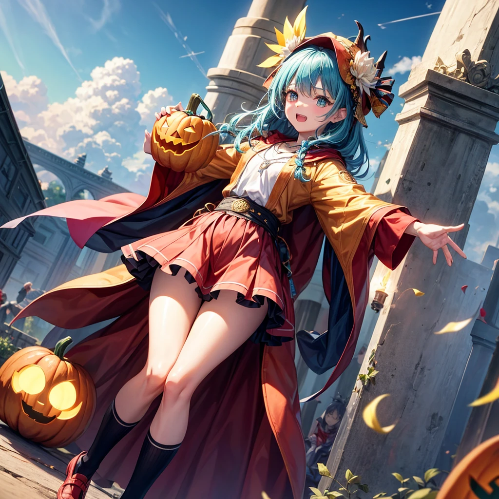 Aqua blue hair、Golden Eyes、Braid、One good looking girl、solo、anime、Checkered mini skirt、Ruffles on the skirt、Red T-shirt、Cape、Gothic、Black knee-high socks、bandana、Fluffy clothes、Wearing a ribbon、Ribbon on waist、Tilting face、Teeth are visible、Sunset sky、Piercing the clouds、Contrail、lotus leaves、Cumulonimbus、Pillar of Light、candle fire、Silver coin necklace、A world of light、Spreading his arms for balance、Pumpkin hat、shine、From above