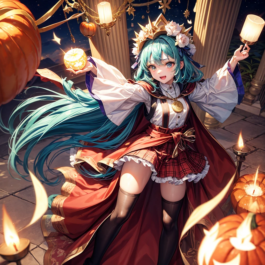 Aqua blue hair、Golden Eyes、Braid、One good looking girl、solo、anime、Checkered mini skirt、Ruffles on the skirt、Red T-shirt、Cape、Gothic、Black knee-high socks、bandana、Fluffy clothes、Wearing a ribbon、Ribbon on waist、Tilting face、Teeth are visible、Sunset sky、Piercing the clouds、Contrail、lotus leaves、Cumulonimbus、Pillar of Light、candle fire、Silver coin necklace、A world of light、Spreading his arms for balance、Pumpkin hat、shine、From above