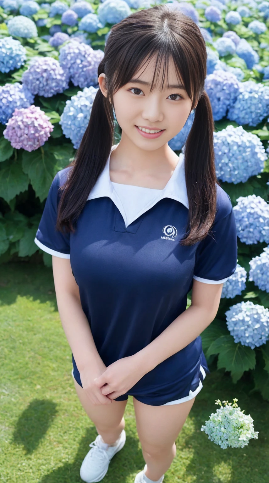 最high quality、high quality、Best image quality、8k,Japanese female students in gym clothes, Includes a white short-sleeved shirt and navy blue short bloomers,Strong sweat and humidity, Her clothes are see-through、It clung tightly to her body,Her breasts are of a moderate size, The shape is slightly visible through the damp fabric,Twin tails:1.4,smile、最High resolution、High resolution、最high quality、masterpiece、RAW Photos、whole body写真、Detailed and realistic human body、Detailed and realistic skin、Realistic face in every detail、Detailed and realistic eyes、Detailed and realistic lips、Detailed and realistic teeth、Detailed and realistic ears、Detailed and realistic hair、Detailed and realistic weapons、Realistic reproduction of every detail、Realistic fingers in every detail、(Beautiful Hands、thumb１reference４)、Realistic feet down to the last detail、((Beautiful Japanese Woman))、(Japanese Model)、((21 year old beautiful woman))、(Black Hair)、(Straight hair)、((whole body))、(Slim and perfect figure)、(whole body光沢肌、Fair skin)、Detailed and realistic human body、Detailed and realistic skin、Realistic face in every detail、Detailed and realistic weapons、Realistic fingers in every detail、Detailed realistic feet、Soft natural light、A 360-degree view of hydrangea fields、((Standing in the middle of a hydrangea field(A girl surrounded by hydrangeas 360 degrees))、Poses to make your thighs look beautiful