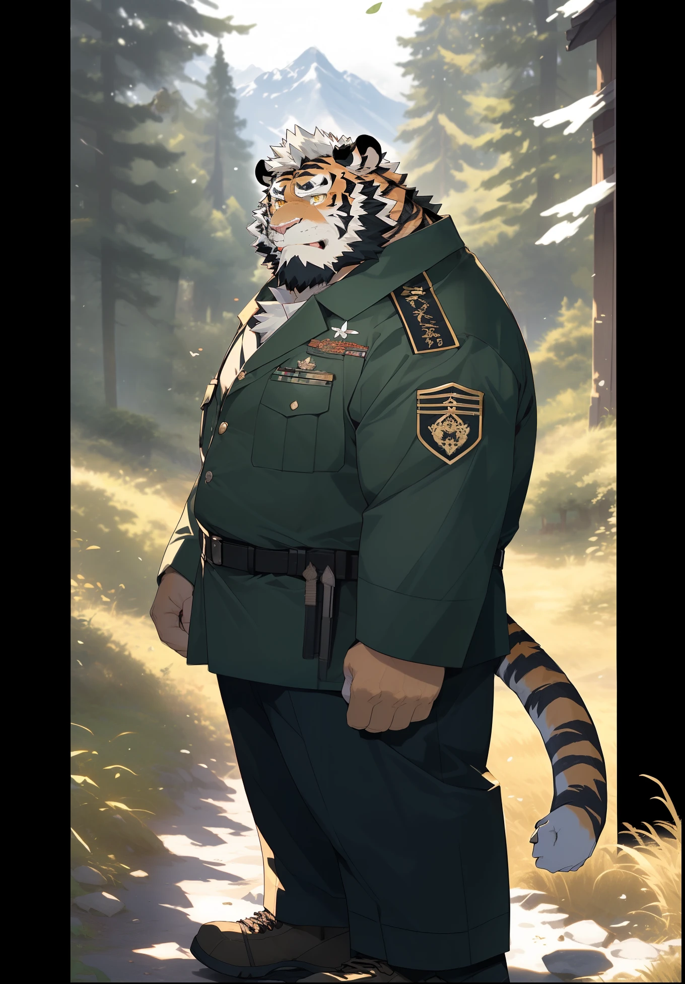 hairy，（tiger，Wearing old green military uniform，A dagger on the leg），Holding a pager，Long-sleeved military uniform，beard，Golden fur，White short hair，Golden pupils，黑色beard，male，Common，Mature，Side view，Serious expression，Cartoon style，In the yard in front of a house in the mountains，There is a forest behind the house，Real background，极其lifelike阴影，masterpiece，Very detailed，lifelike。