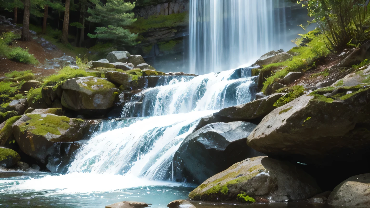 Close-up mountain spring waterfall.water mist flying.Utopia's modern architecture and Zen-like landscaping.Lotus blooming in the pond, The magnificent Feiquan Waterfall pours down,Crystal clear pond,rock.Landscaping soft sunlight shines through the dome, Create a comfortable atmosphere, Ray tracing, Vignetting, Wide-angle lens, super wide angle, best qualitycinematic lighting, depth of field, outside border, negative space, letterboxed zen aesthetic, Zen, Zen meditation, Soft Zen Simplicity,(best quality,4k,8k,high resolution,masterpiece:1.2),Super detailed,(actual,photoactual,photo-actual:1.37),anatomically correct...