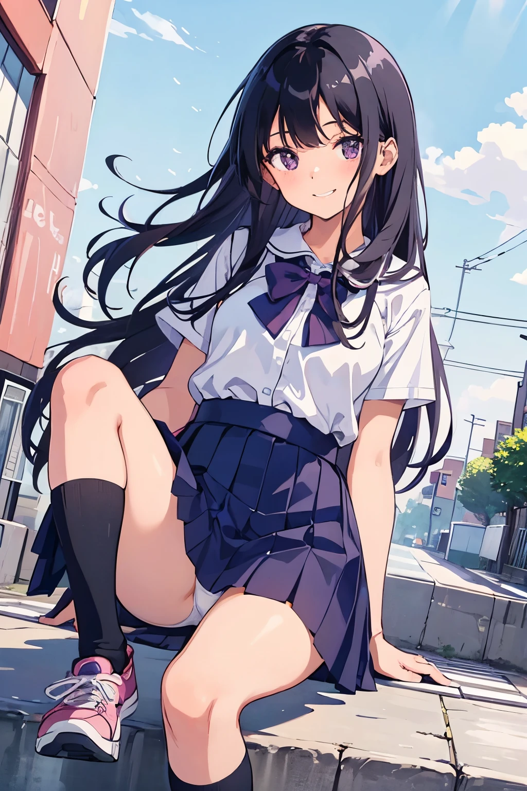 , 8 years old, flat chest,ir, long hair, purple eyes, smiling（one person） Upper body plain white T-shirt　Black mini skirt and white panties（（I can see her panties））White socks　sneakers　 garden　Crouching in front of a bicycle　Dynamic angle Low angle