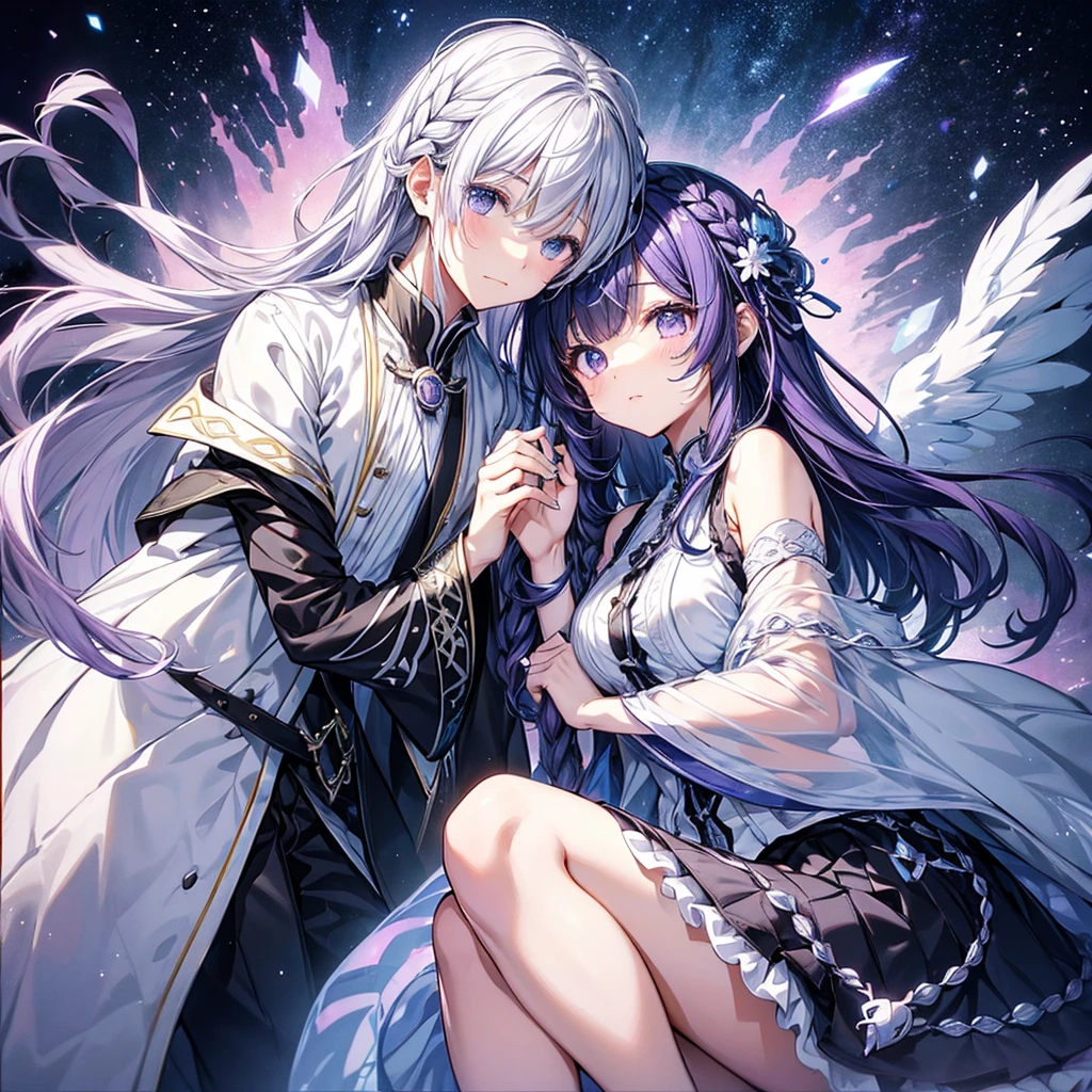 masterpiece,Little,cute、Man and woman couple、Relaxed facial expression、sdcgsd、girl:Milky white and purple gradient long hair 1.5、Double braid、Black and white diamond-shaped hair ornaments on both sides、Little男の子、The boy has two-tone white and light blue short hair.、Taking a nap together、Heartwarming、A fluffy world、ゆるcute世界、The best light source、
